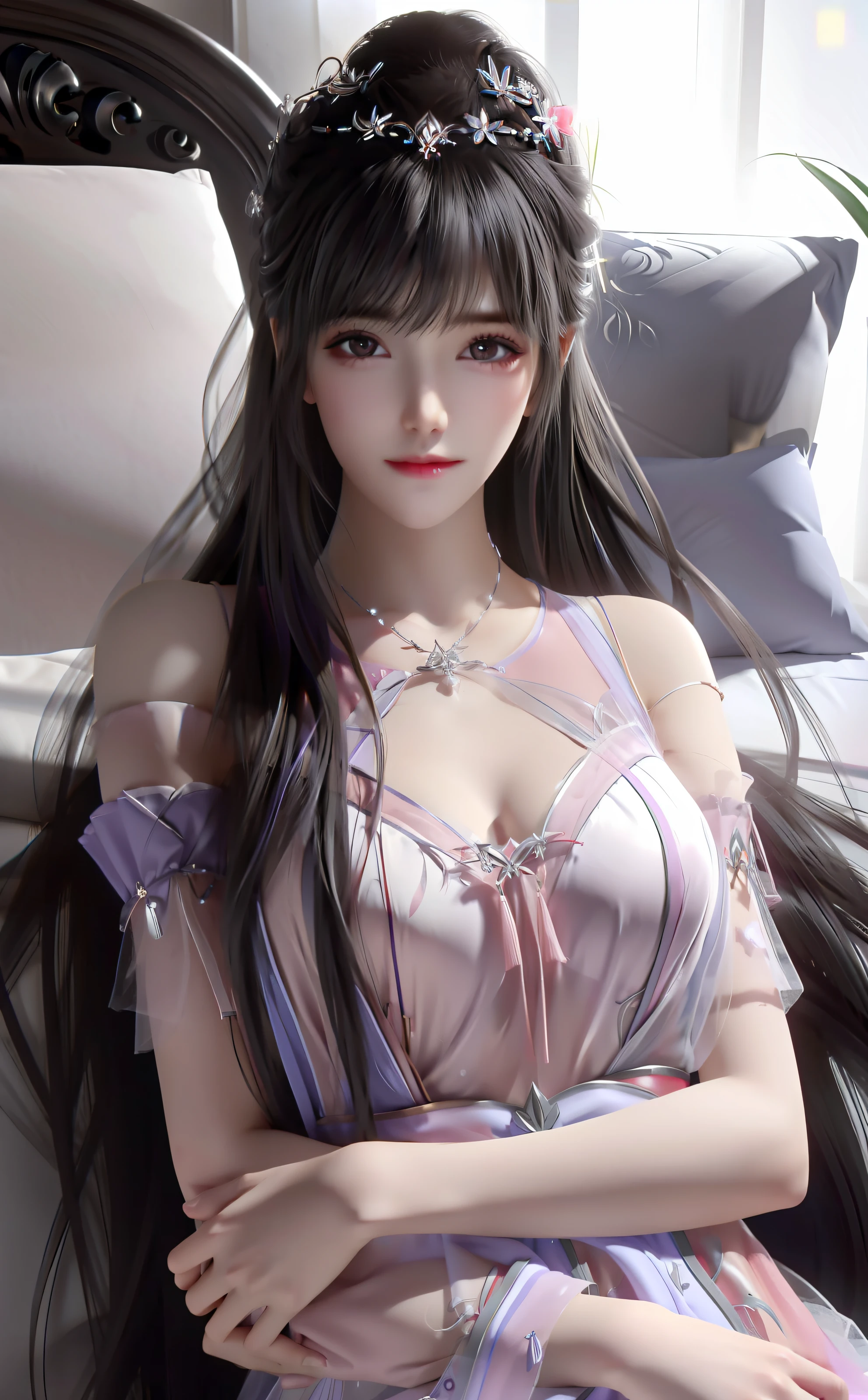 UHD, textured skin, high details, high quality, super detail, best quality, HD, 8k, Highres Ultra HD, Textured skin, High details, High quality, Super detail, Best quality, HD, 8K, High"((Realistis))),(((woman)))),straight from real life,has cleavage(Hair_Red)red hair,dressed in(pyjamas_Pink)Purple nightdress sleeping on bed,Expose the navel and armpits。