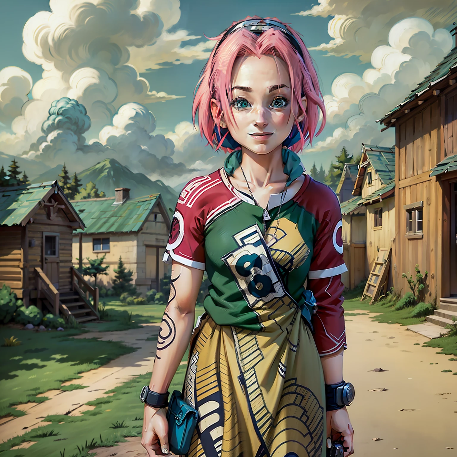 masterpiece, best quality, 1girl,haruno sakura, pink hair, short hair, green eyes, forehead protector, smile, standing, blue sky, cloud, hidden village