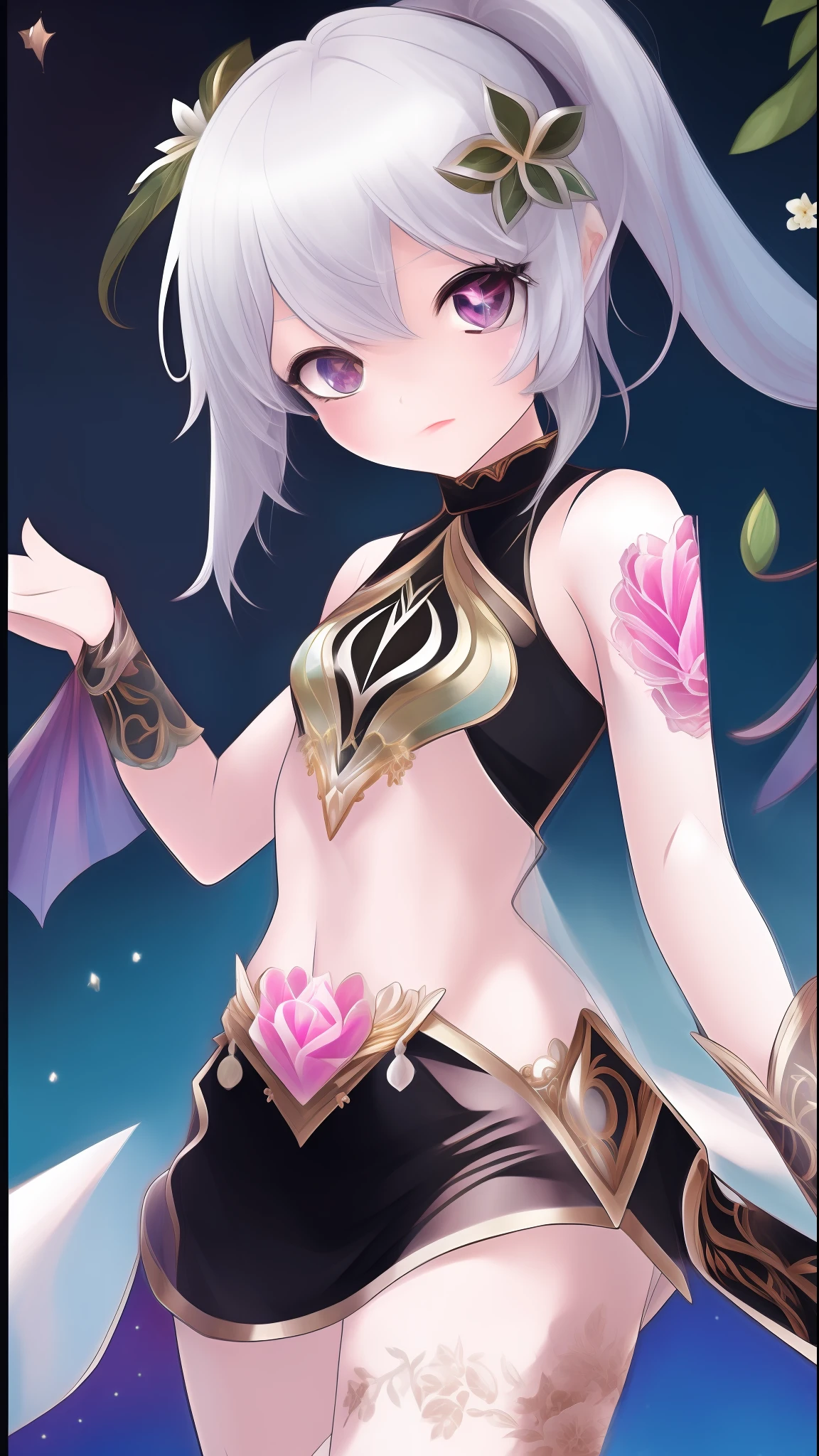 best qualityer,tmasterpiece,A high resolution,(((Yunyun))),choker necklace,hair adornments,(beauitful face),looking at viewert,standing on your feet,((A half body)),white open dress,The right arm is outstretched,The left arm hangs down