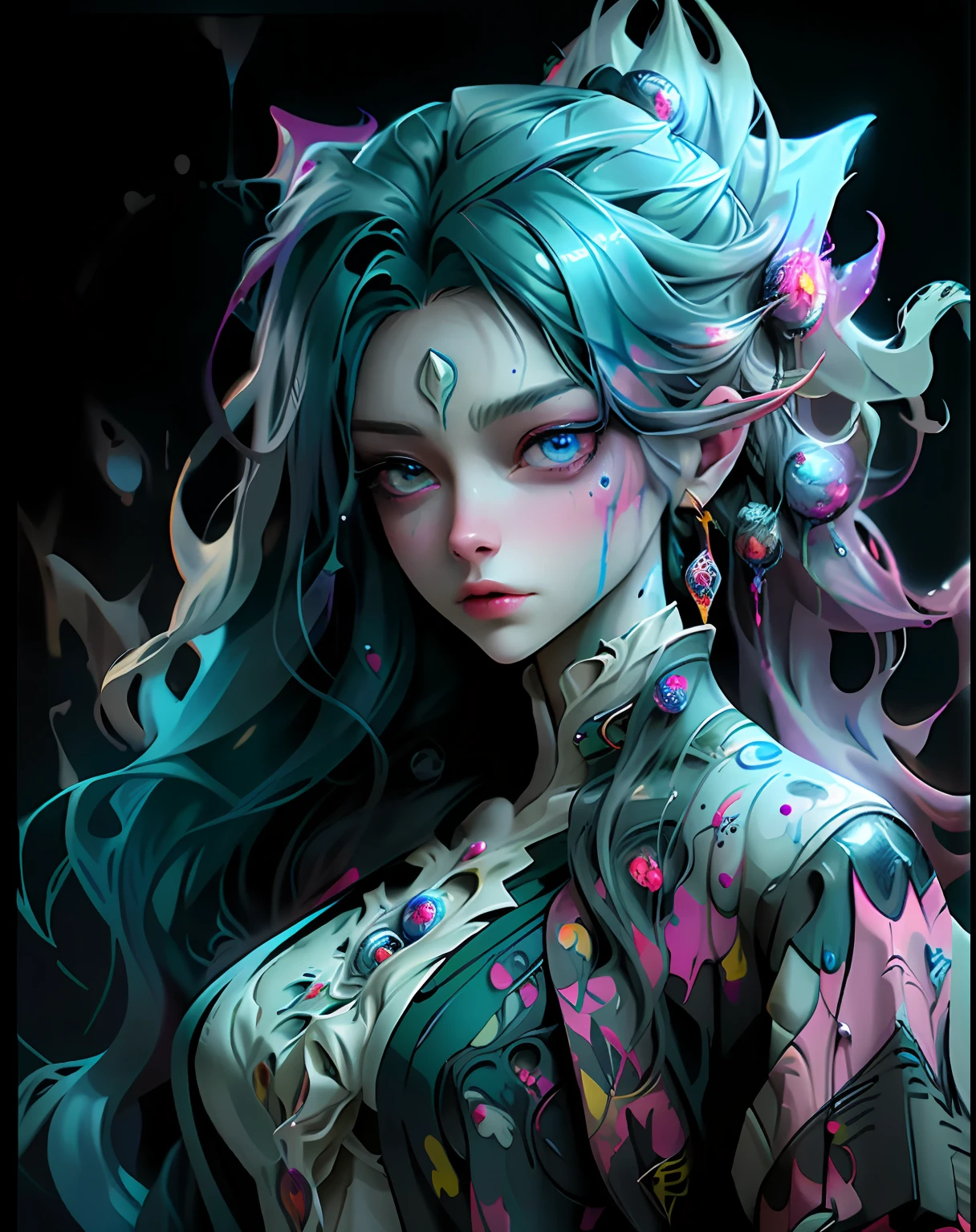 a mixed media abstract artwork of a strange woman with striking eyes and long hair, highly detailed eyes,medium breast,(fine art), (splashes and splatters of paint in nebula colors on the canvas 1.2),[thick, wet,shiny dripping paint], ink, pencil shading, award winning, (perfect composition),(nebula:0.5),(galaxy:0.5)