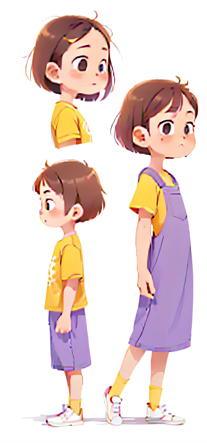 Side view, side character view, character rotate side, short hair character, full body illustration, purple long dress, yellow t shirt