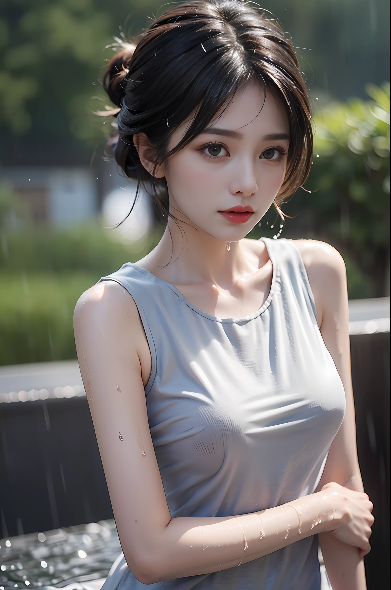 (Best quality, 4k, Masterpiece :1.3), pretty woman, 1girl, sexy :1.1, dark brown hair: 1.1, (rainy wet, wet from rain, wet body :1.2), white tank tops, ultra-detailed face, detailed lips, detailed eyes, double eyelid