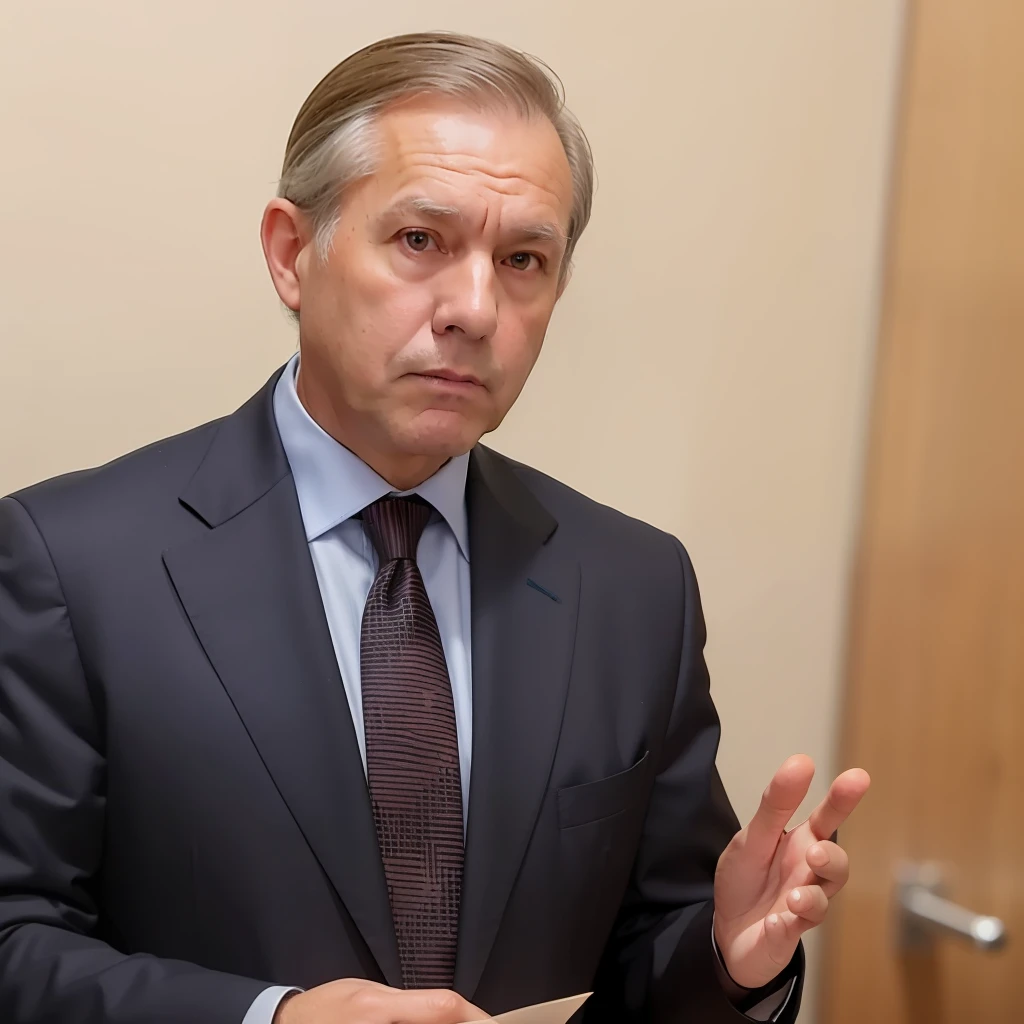 Middle-aged man in suit holding pen to listen to class