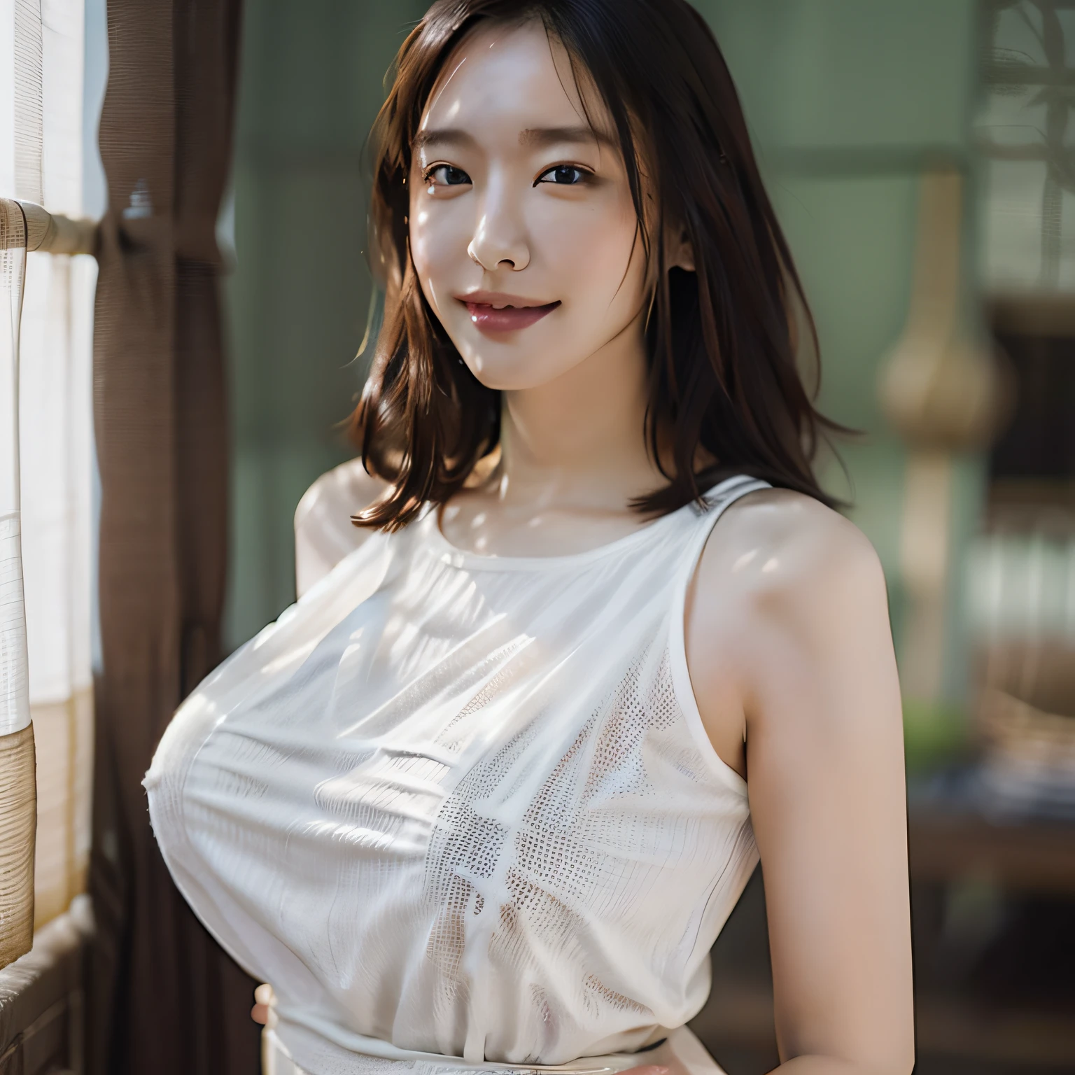 (A hyper-realistic), (illustratio), (hight resolution), (8K), (ighly detailed), (The best illustrations), (beatiful detailed eyes), (top-quality), (ultra-detailliert), (​masterpiece), (wall-paper), (详细的脸), Upper body close-up,armpit, a smile,Plump,独奏,Girl in simple white tank top, Sweaty, japanes, large full breasts