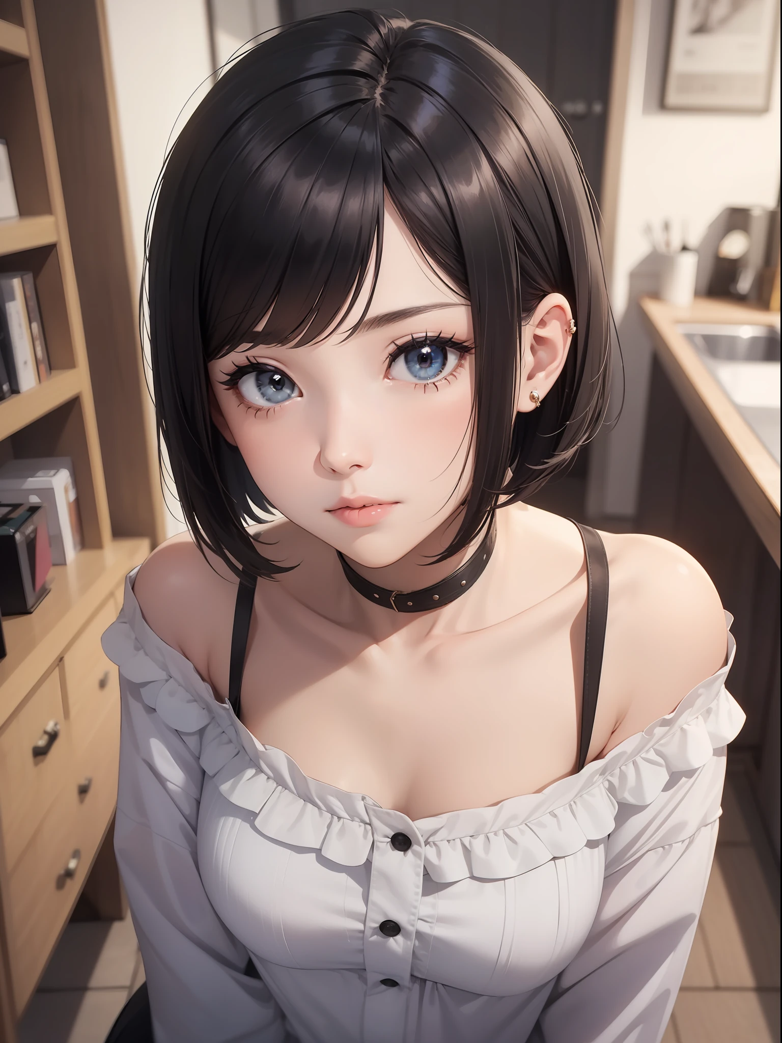 Best Quality, Masterpiece, Black Hair, Short Bob, 1girl,, Solo, (Povfellatio), 1boy,