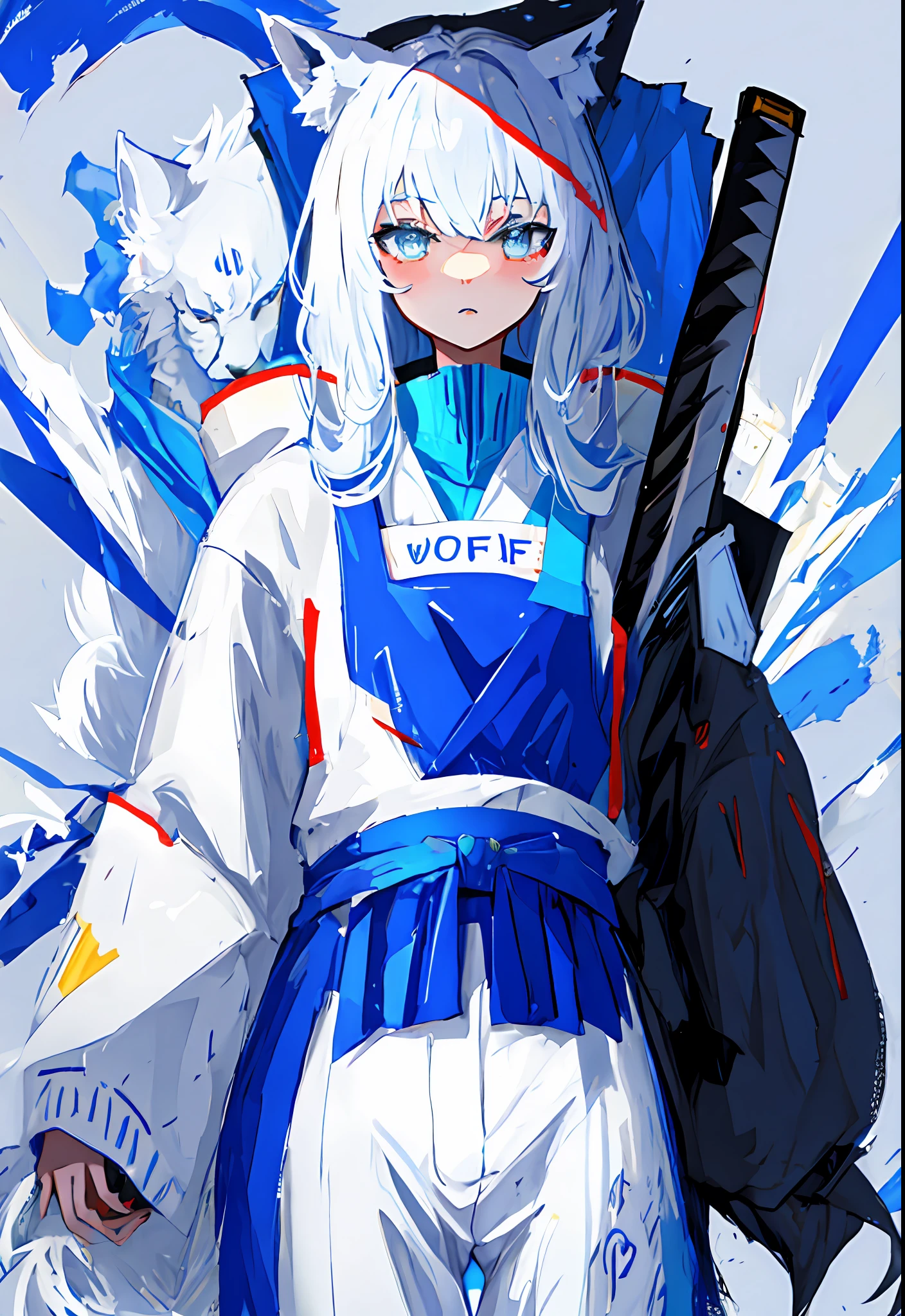 The robot is white,Blue bib,There are wolf ears with a katana