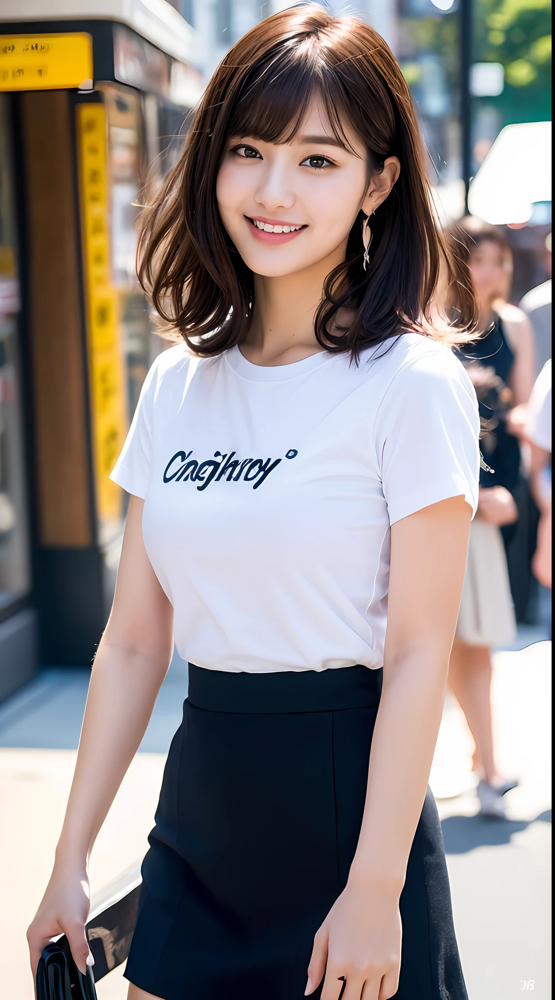 (8k, RAW photos, top quality, masterpiece: 1.2), ultra detailed, super resolution, (real, real photos: 1.37), portraits, high definition RAW color photos, professional photos, very detailed and beautiful, highly detailed, 8k wallpapers, amazing details, huge file size, official art, highly detailed CG Unity 8k wallpapers, highly detailed beautiful girls, highly detailed facesHighly detailed eyes, highly detailed skin, highly detailed fingers, Highly detailed nose, Highly detailed detailed mouth, Perfect anatomy, Highly detailed background, Highly detailed clothing, One Girl, (18:1.2), teen, cute girl, famous Japan idol, cute, realistic body, petite, white skin, radiant skin, slim body, handsome body, brown hair, short constricted curly hair, (blunt bangs:1.2), Smile, Cute, Youthful, Pretty Face, Realistic Face, Delicate Eyes, Saggy Eyes, White T-Shirt, Skirt, Earrings, Camera Gaze, Cowboy Shot, Front Face, Standing Figure, Contrappost, High Street, Public, Dynamic Lighting,
