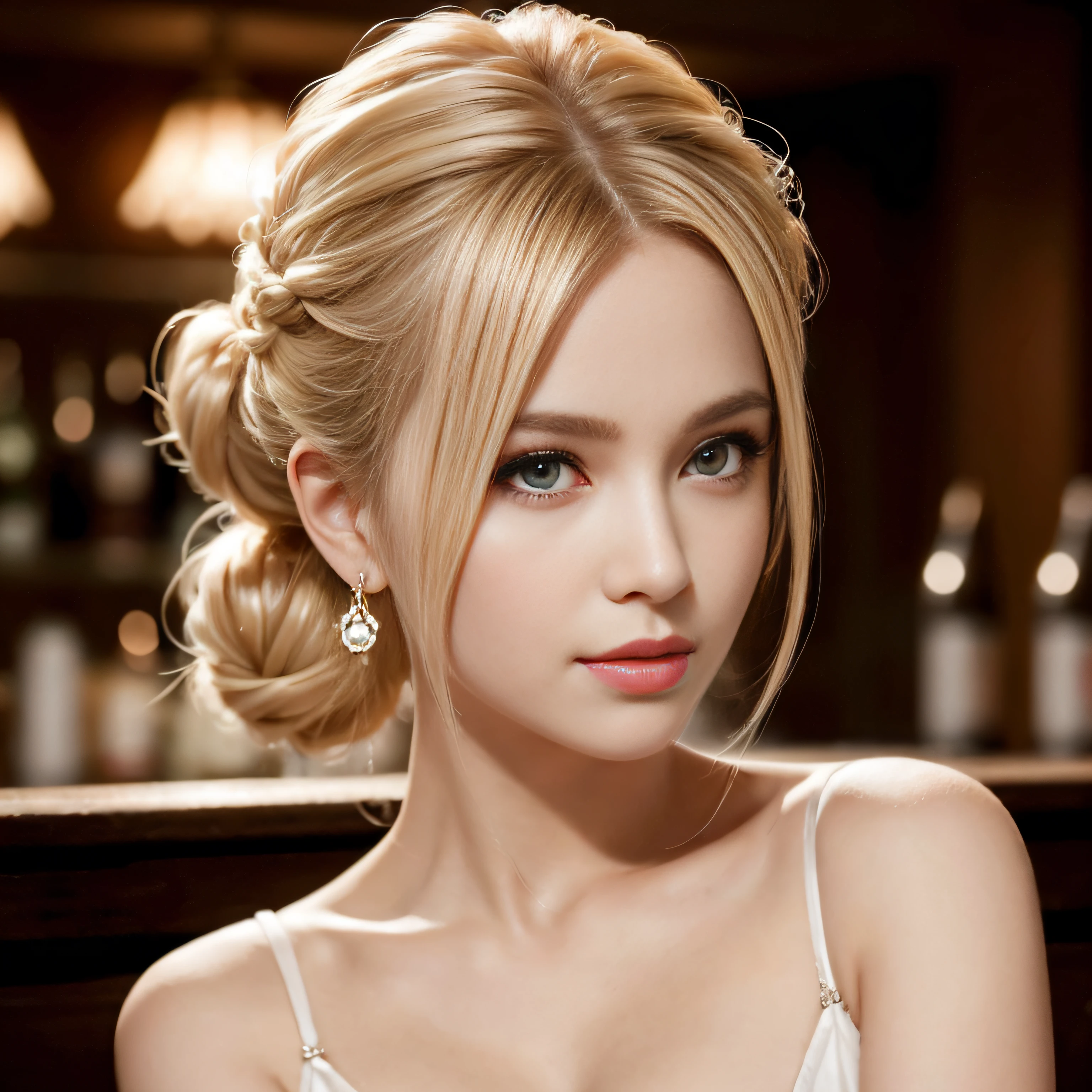portrait photo of  beautiful woman blonde hair updo upsweep nightclub sitting at bar (masterpiece) (best quality) (detailed) (8k) (HDR) (wallpaper) (cinematic lighting) (sharp focus) (intricate)