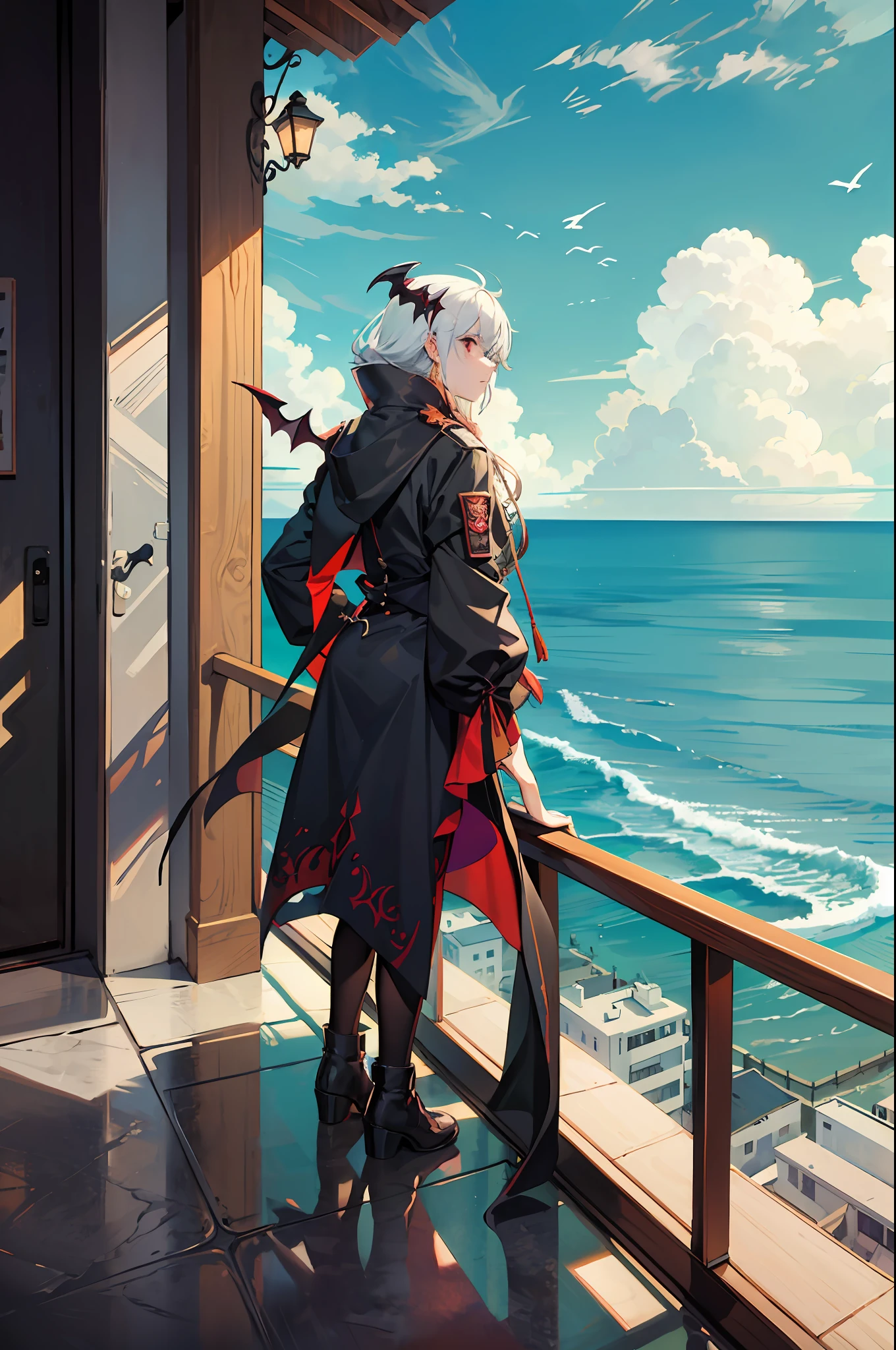 old grumpy vampire standing on a balcony looking out over the sea --auto --s2