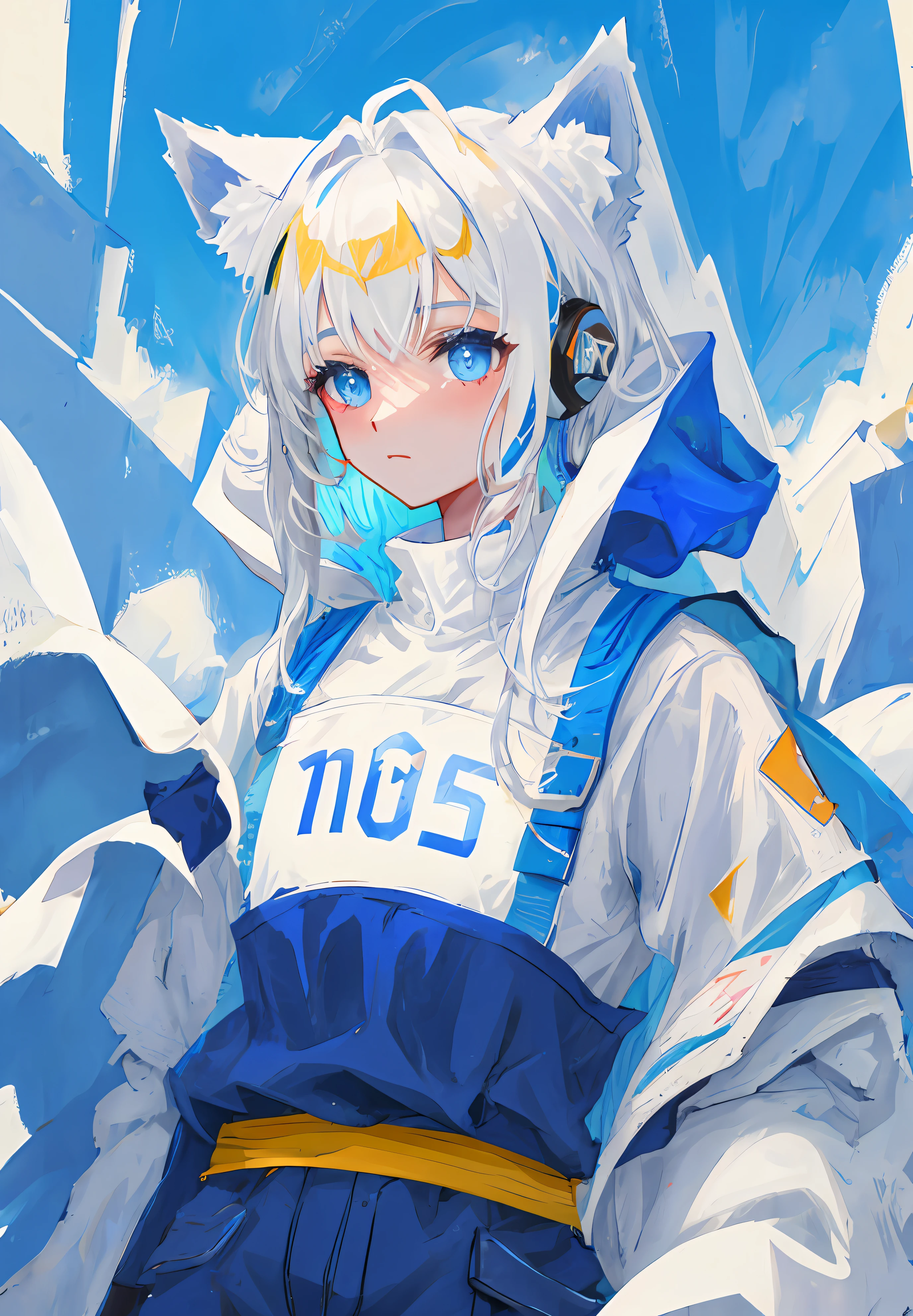 The robot is white with a blue bib and has wolf ears