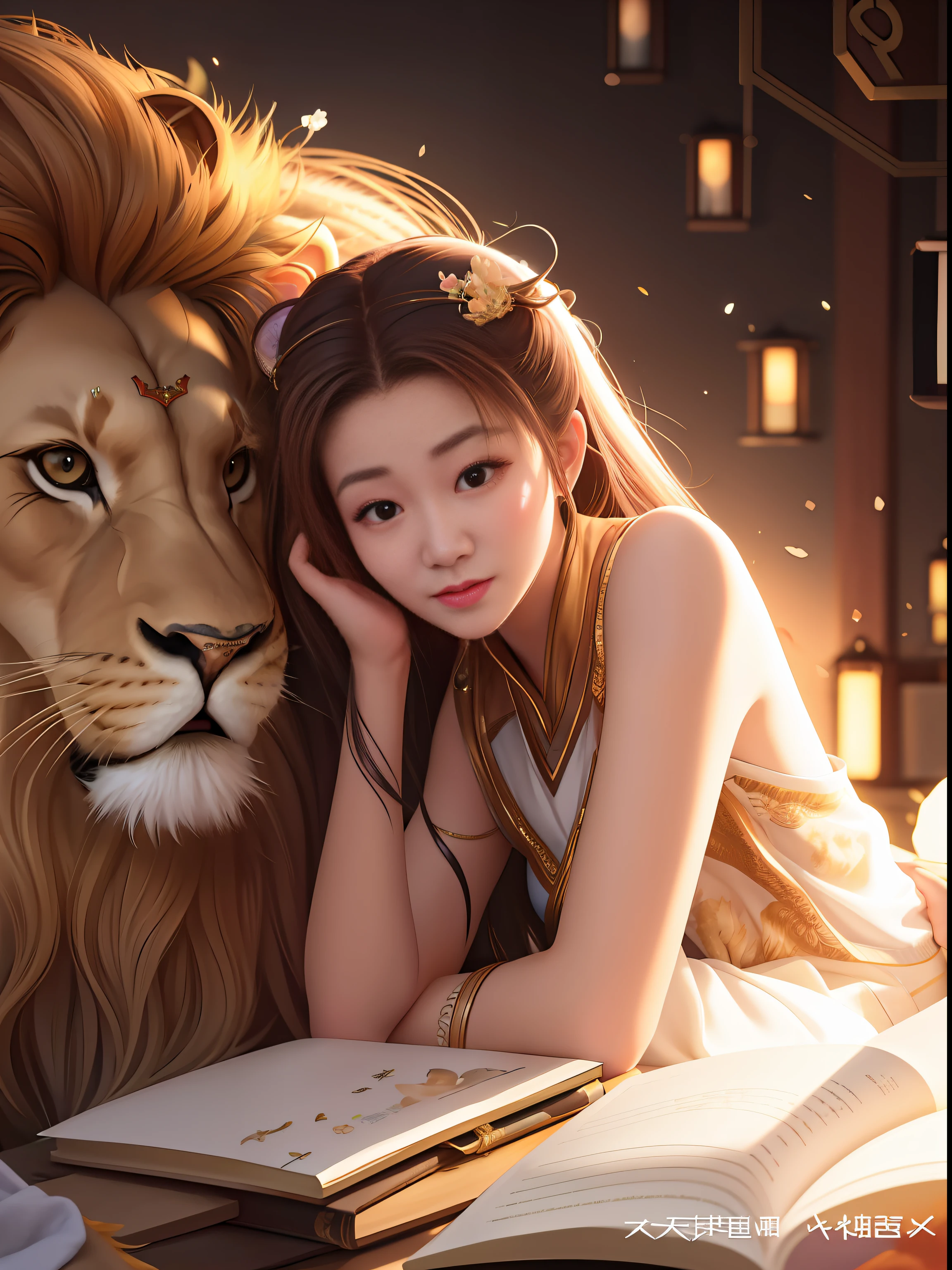 Girl reading，On the legs are lions, Read a book next to a lion, by Yang J, ! Dream Artgerm, Ruan Jia and Artgerm, Alice X. zhang, WLOP and Sakimichan, Artgerm and Ruan Jia, Artgerm and Atey Ghailan, By Ni Tian