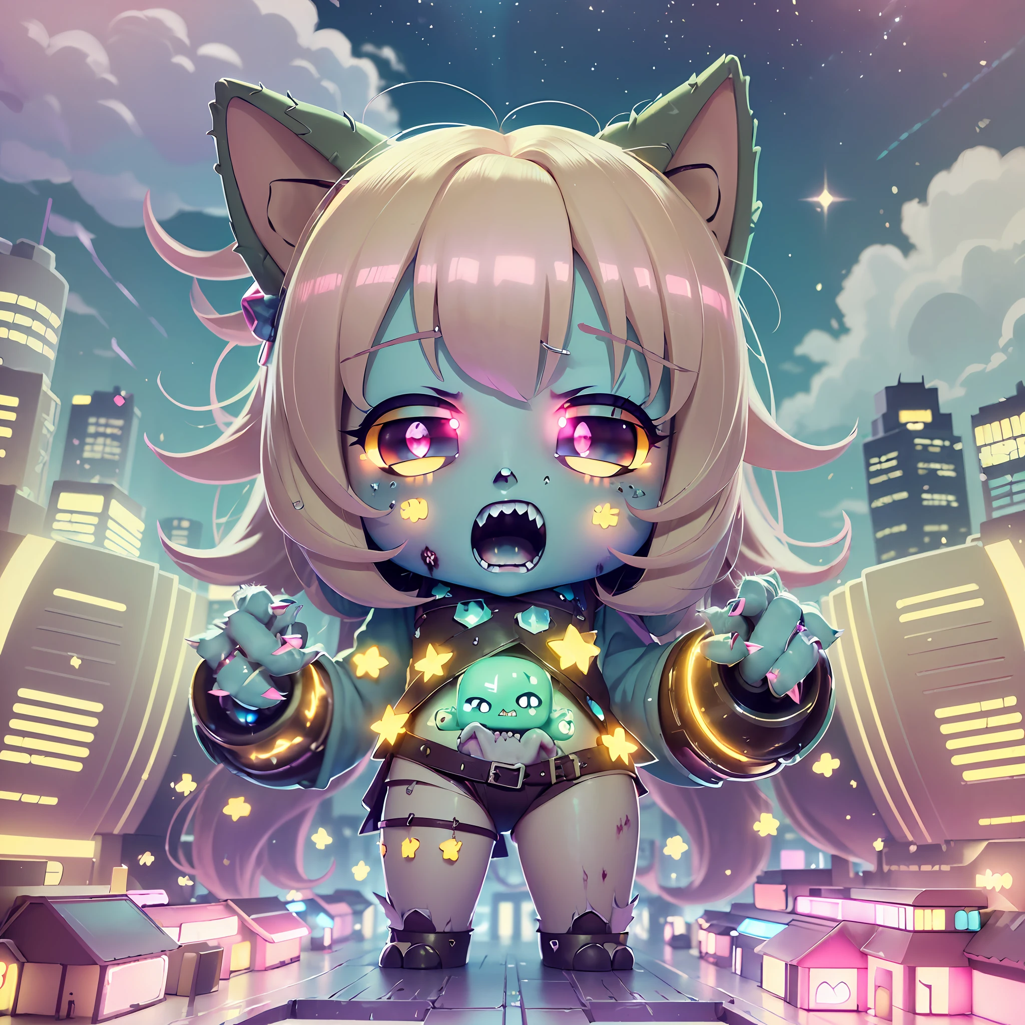 (award winning 8k official art:1.3) of (mad (giant zombie chibi gtsgiga), open mouth, monstrous, breaking:1.3), angry, kawaiitech, kawaii, cute colors, ferocious, good fingers, night, extremely detailed background, sweet, front, epic, (masterpiece:1.4), (best quality:1.4), Amazing, beautiful, finely detailed, (Depth of field:1.4), extremely detailed 8k, stunning, (light reflections:0.5), (crisp:1.5), red twin tails, vibrant, (edge detection:1.2), absurdres, impressive, 120mm, clear, powerful