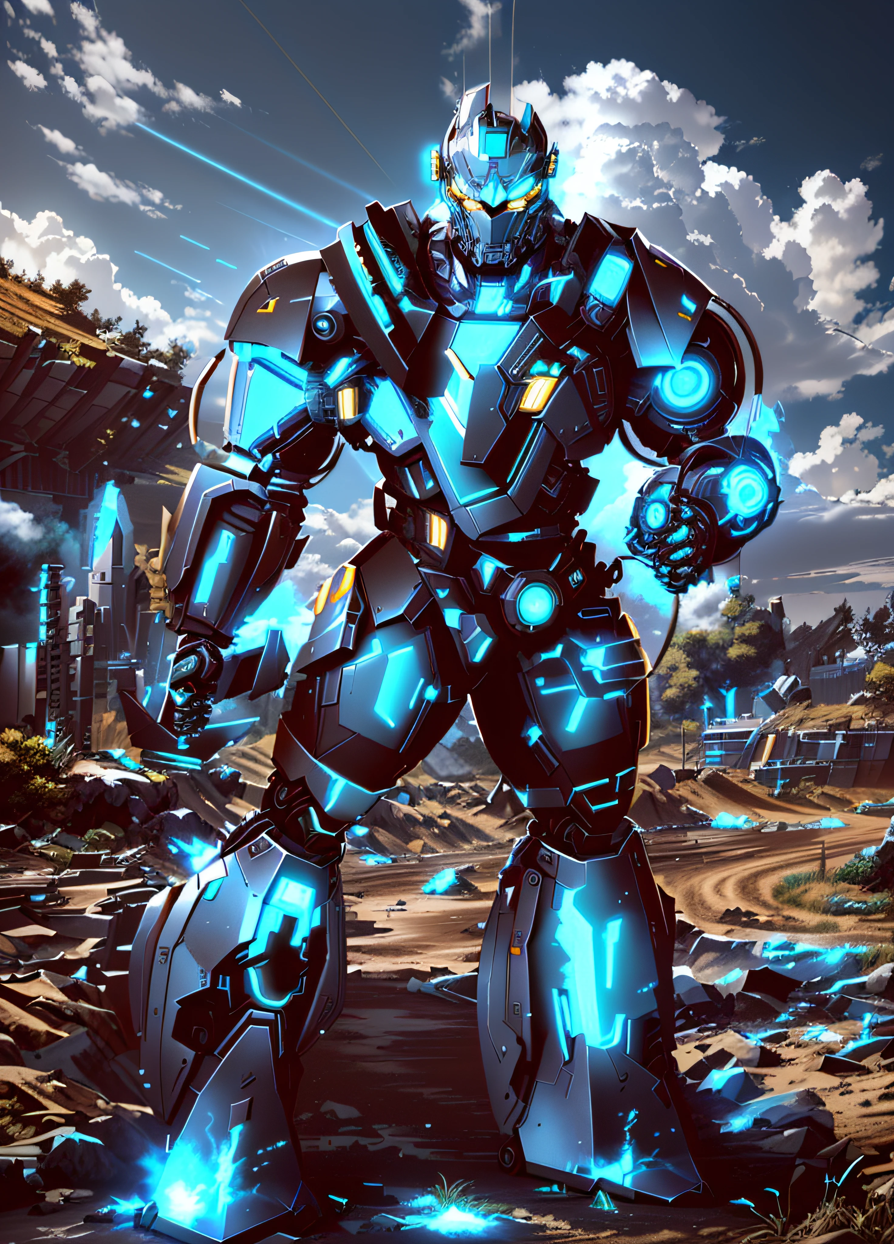 there is a robot that is standing in the dirt, painterly humanoid mecha, Deus grego no estilo mecha, Estilo Comic Book BattleMech, warforged, robot metallic armor, colorful muscular robot, tremendous mecha robot, armadura de metal brilhante, beautiful robot character design, epic full color illustration, intrincada armadura mecha brilhante, cyber fight armor, octanagem de ray tracing render hiperrealismo motor irreal, perfect compositio, Perfect rendering, perfect lighting, Cinema 4D, 3DCG, fotografia vetorial 8k, fotografia hiper-realismo,
