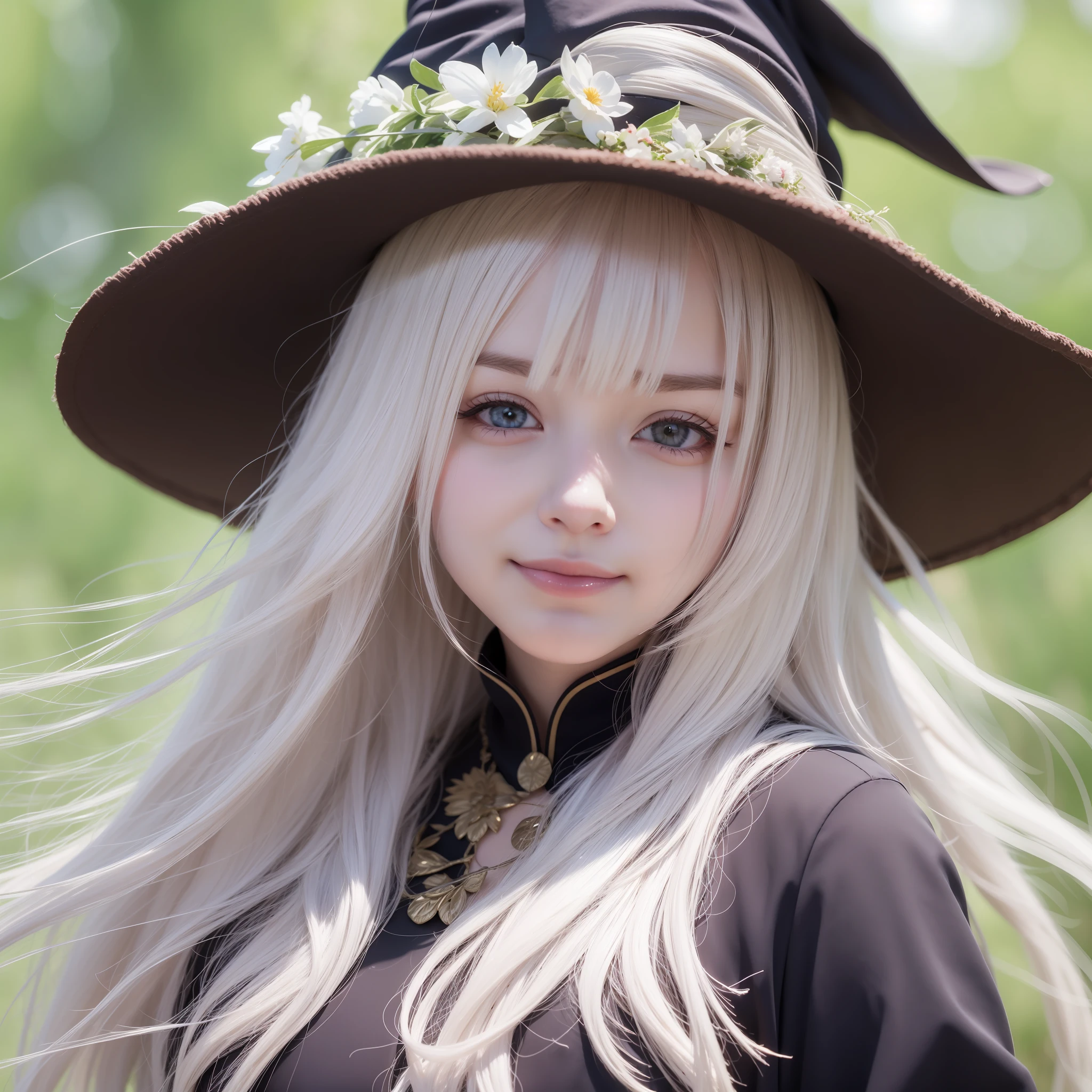 Cute white-haired witch,Pure,goodness,ssmile,Sunlight background,
