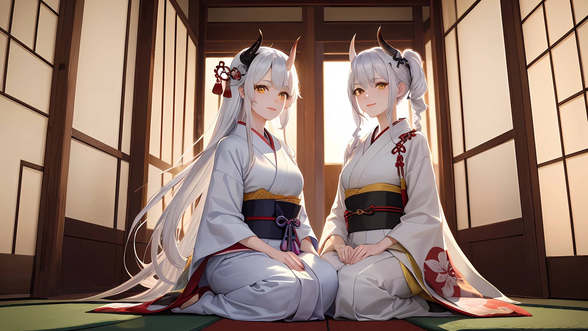 (masterpiece, best quality, ultra-detailed, best shadow, absurdres, 4k, 8k), (detailed background, Fibonacci, unione, wide shot, full body, medieval Japan, imperial palace, light smile, sitting, facing viewer, looking at viewer, ), (beautiful detailed face, feminine features, mature face, aged up), (best illumination), ((cinematic light)), colorful, hyper detail, dramatic light, intricate details, (1girl, kami, woman named Hakunetsu Ōkami, Japanese, horns, oni, oni horns, elegant white hair, yellow eyes, long kimono, mother, goddess),