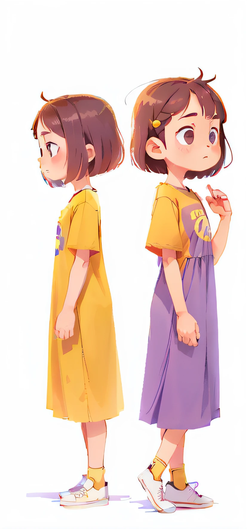 Side view, side character view, character rotate side, short hair character, full body illustration, purple long dress, yellow t shirt
