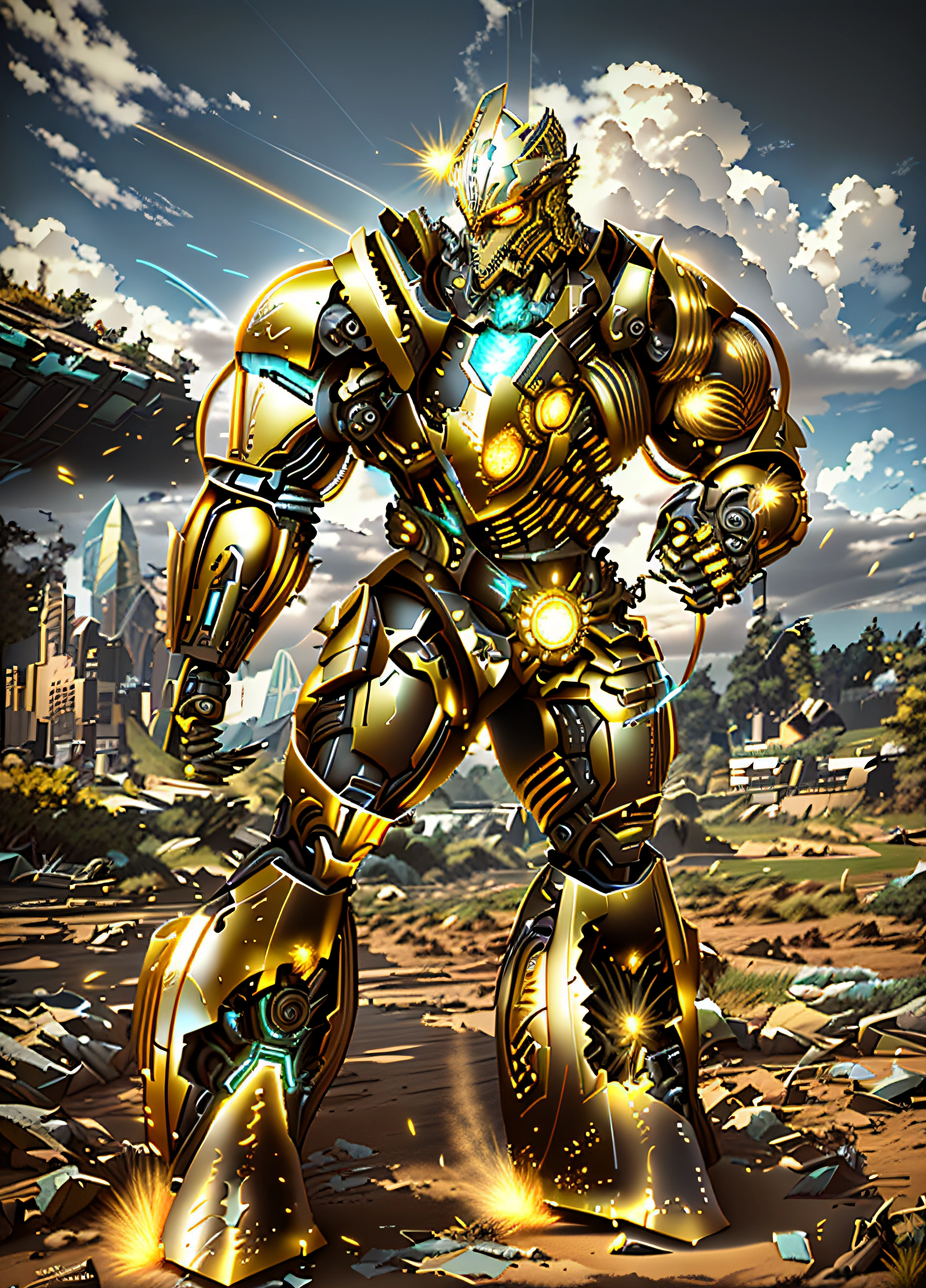 there is a robot that is standing in the dirt, painterly humanoid mecha, Deus grego no estilo mecha, Estilo Comic Book BattleMech, warforged, robot metallic armor, colorful muscular robot, tremendous mecha robot, armadura de metal brilhante, beautiful robot character design, epic full color illustration, intrincada armadura mecha brilhante, cyber fight armor, octanagem de ray tracing render hiperrealismo motor irreal, perfect compositio, Perfect rendering, perfect  lighting, Cinema 4D, 3DCG, fotografia vetorial 8k, fotografia hiper-realismo,