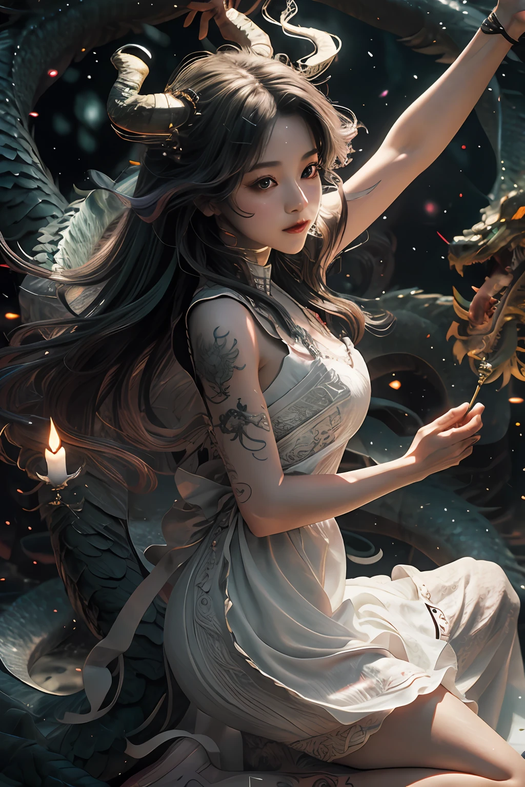 dragon_real，（the Extremely Detailed CG Unity 8K Wallpapers，tmasterpiece，best qualtiy，ultra - detailed，beatiful detailed eyes：1.2），best illuminate，（The best shadow，Extremely delicate and beautiful bloom），The girl is surrounded by Capricorn，Magic wand in hand，
（1female：1.4），nedium breasts，独奏，full bodyesbian，tattooed back，white dresses，（Sermon：1.4），naked leg，long  skirt，