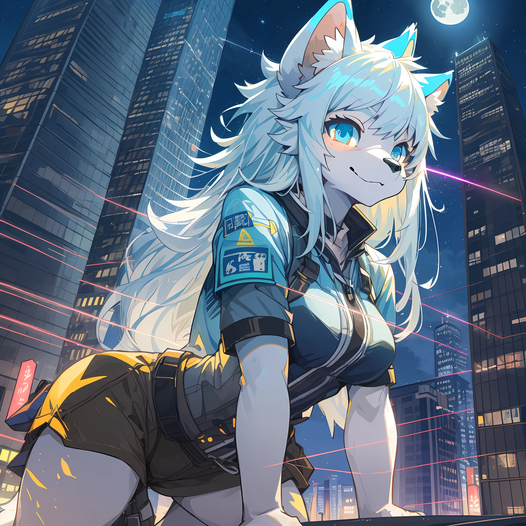 perspective, top quality, best quality, High-quality illustrations, masterpiece, (angelic cute 1girl, kemono, solo focus)(furry anthro)Night sky, skyscraper, Shining neon, Illuminated billboards, Laser lights extending from buildings to the sky, full moon(highly detailed beautiful face and eyes)absurdres, perfect anatomy,