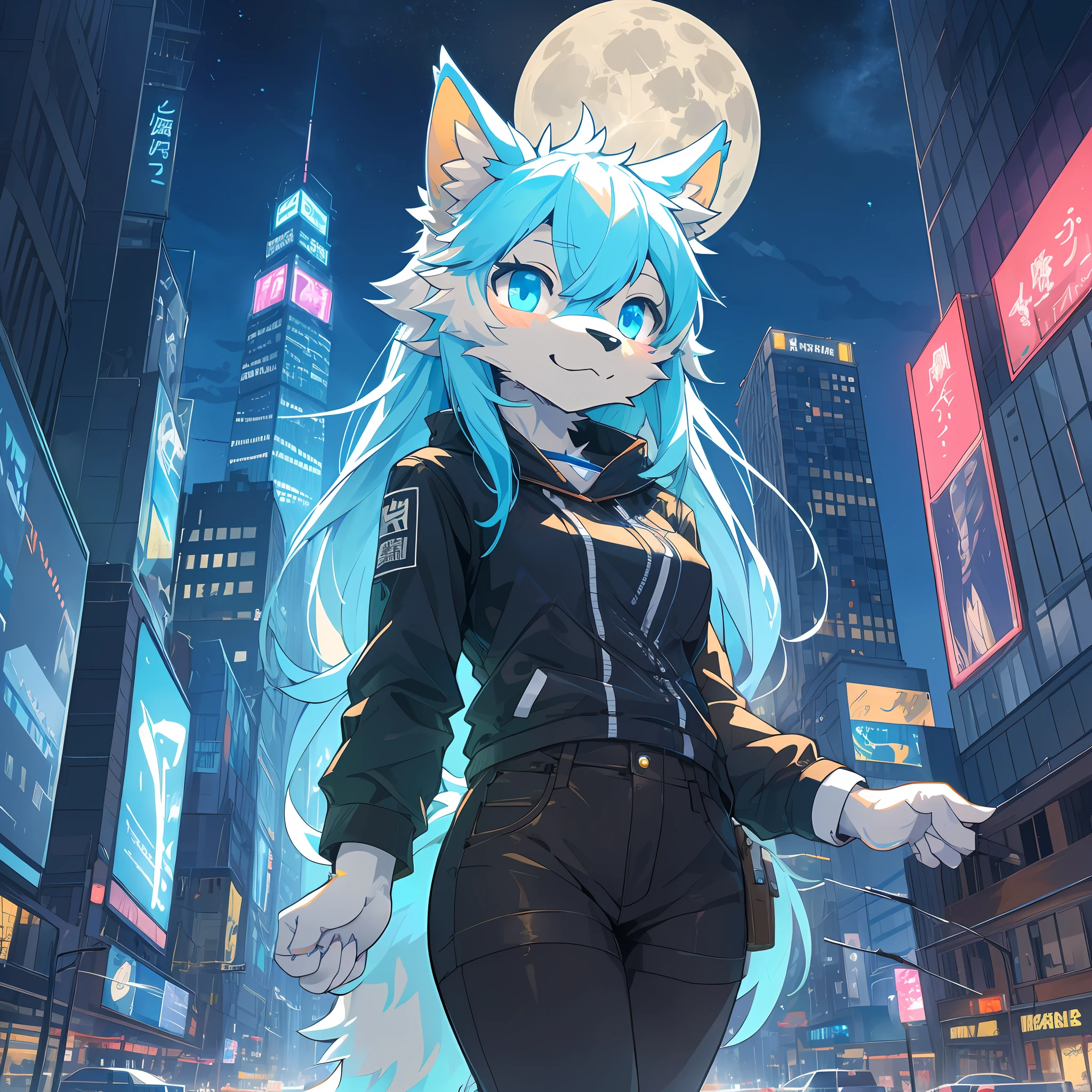 perspective, top quality, best quality, High-quality illustrations, masterpiece, (angelic cute 1girl, kemono, solo focus)(furry anthro)Night sky, skyscraper, Shining neon, Illuminated billboards, Laser lights extending from buildings to the sky, full moon(highly detailed beautiful face and eyes)absurdres, perfect anatomy,