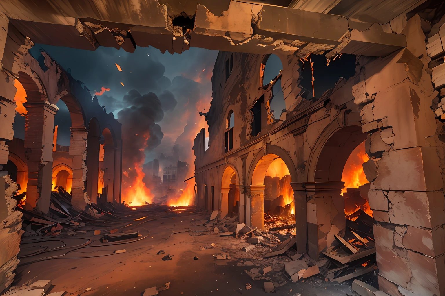 Night scene, Old Testament, historic architecture, Jericho destroyed, cracked walls, burning buildings, dramatic lighting, vibrant colors, smoke and ashes in the air, reflections of fire in the ruins 8k, HDR