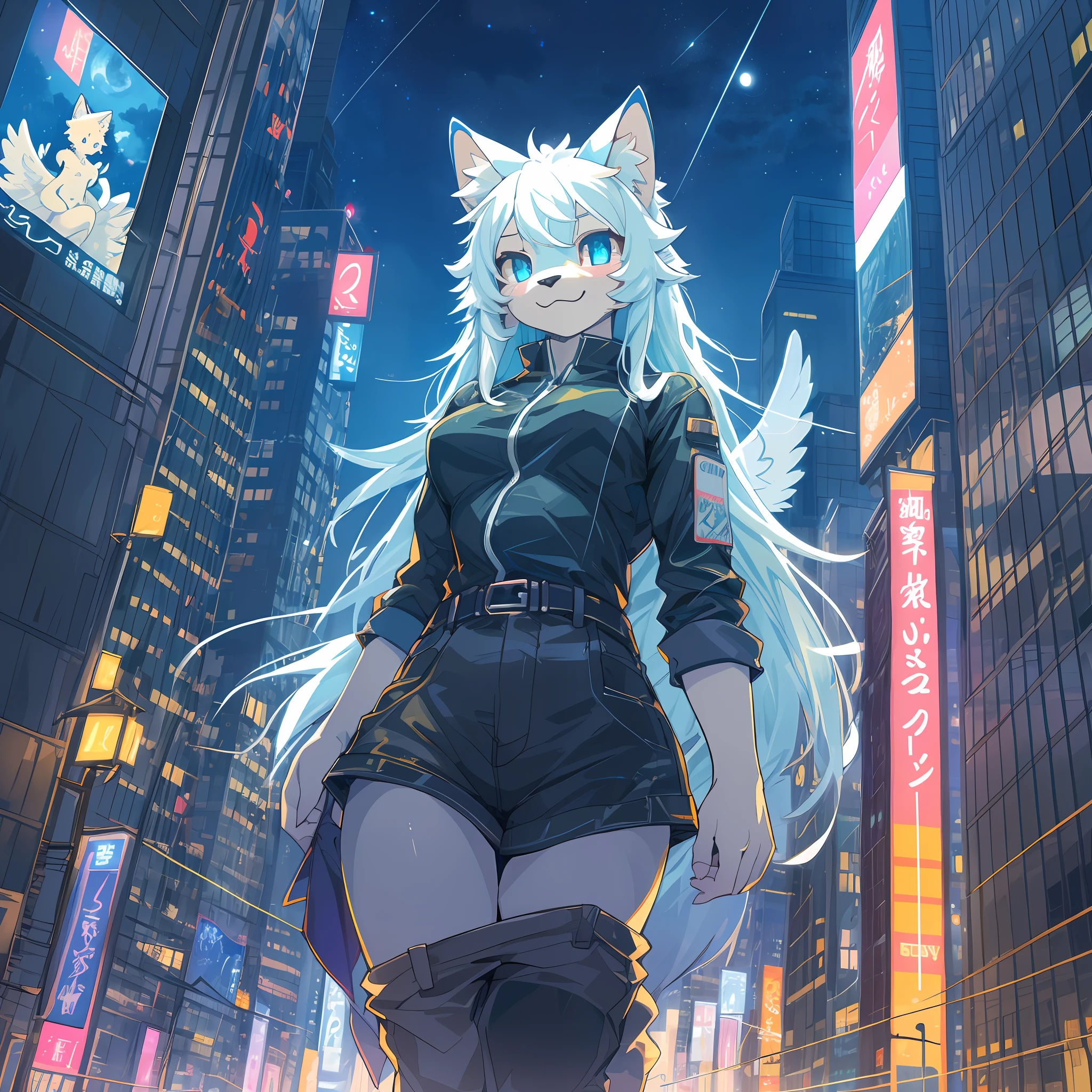 perspective, top quality, best quality, High-quality illustrations, masterpiece, (angelic cute 1girl, kemono, solo focus)(furry anthro)Night sky, skyscraper, Shining neon, Illuminated billboards, Laser lights extending from buildings to the sky, full moon(highly detailed beautiful face and eyes)absurdres, perfect anatomy,