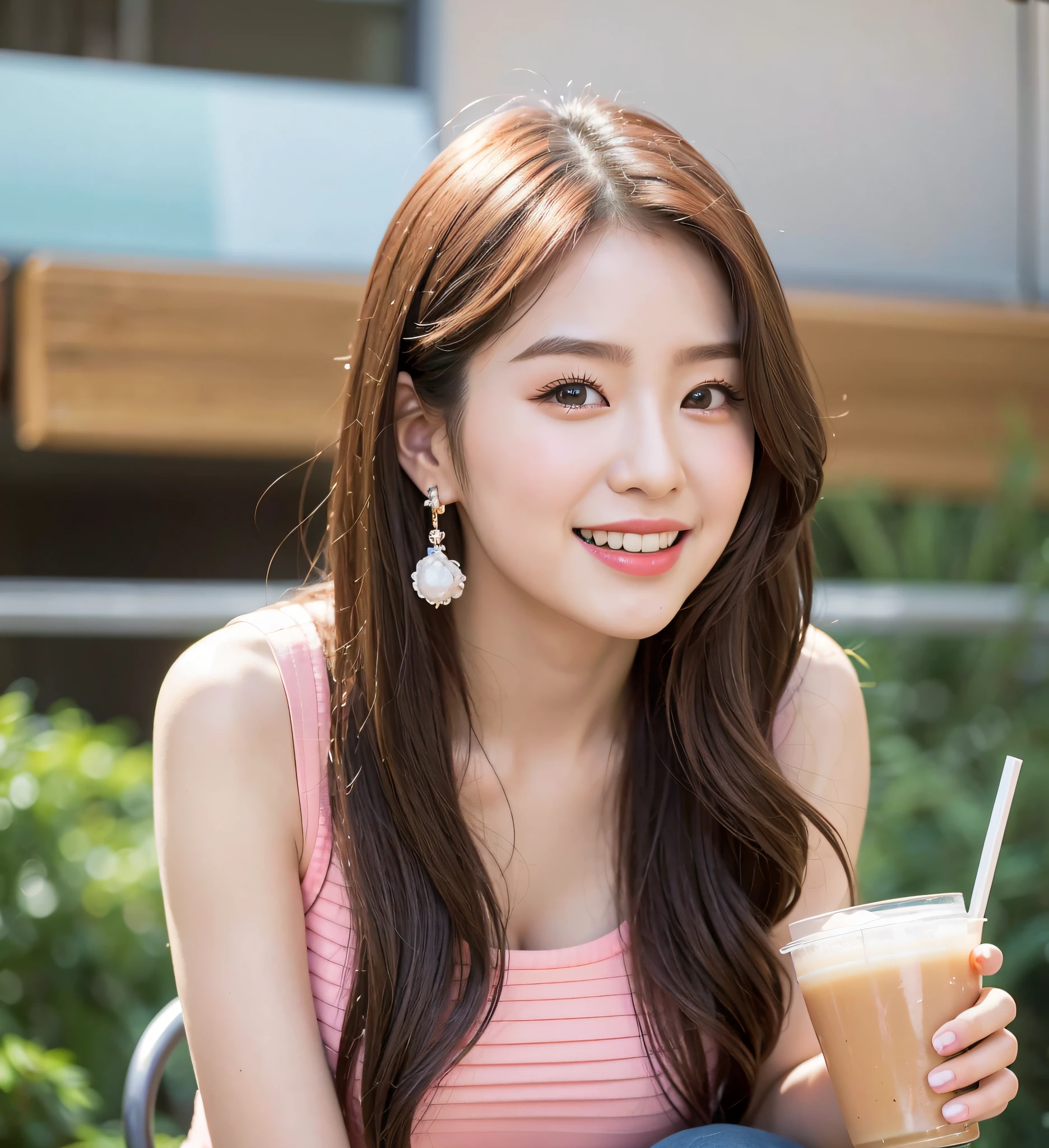 Arafe woman sitting on bench with drink and straw, Cute AI, Gorgeous young Beijing woman, Beautiful young chinese woman, beautiful chinese woman, Emily, Female actress from China, A Chinese girl, Young adorable Chinese face, Portrait of female Chinese idol, iu, Popular Chinese makeup, Emily-chan, slight cute smile, beautiful and smiling