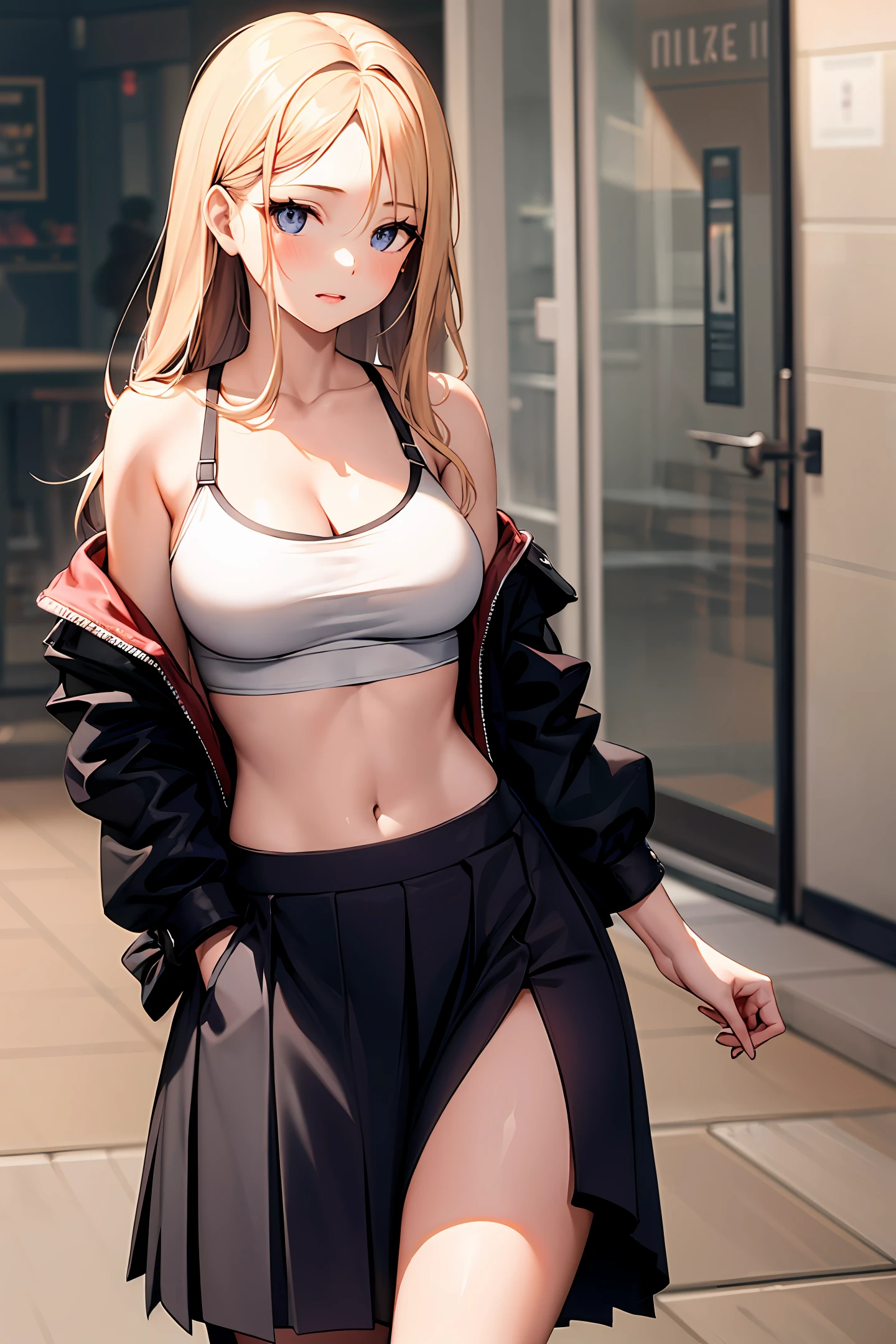 Up,teens girl,Crop topping,Expose cleavage,Skirt that wraps hips,long white socks,did not wear underwear