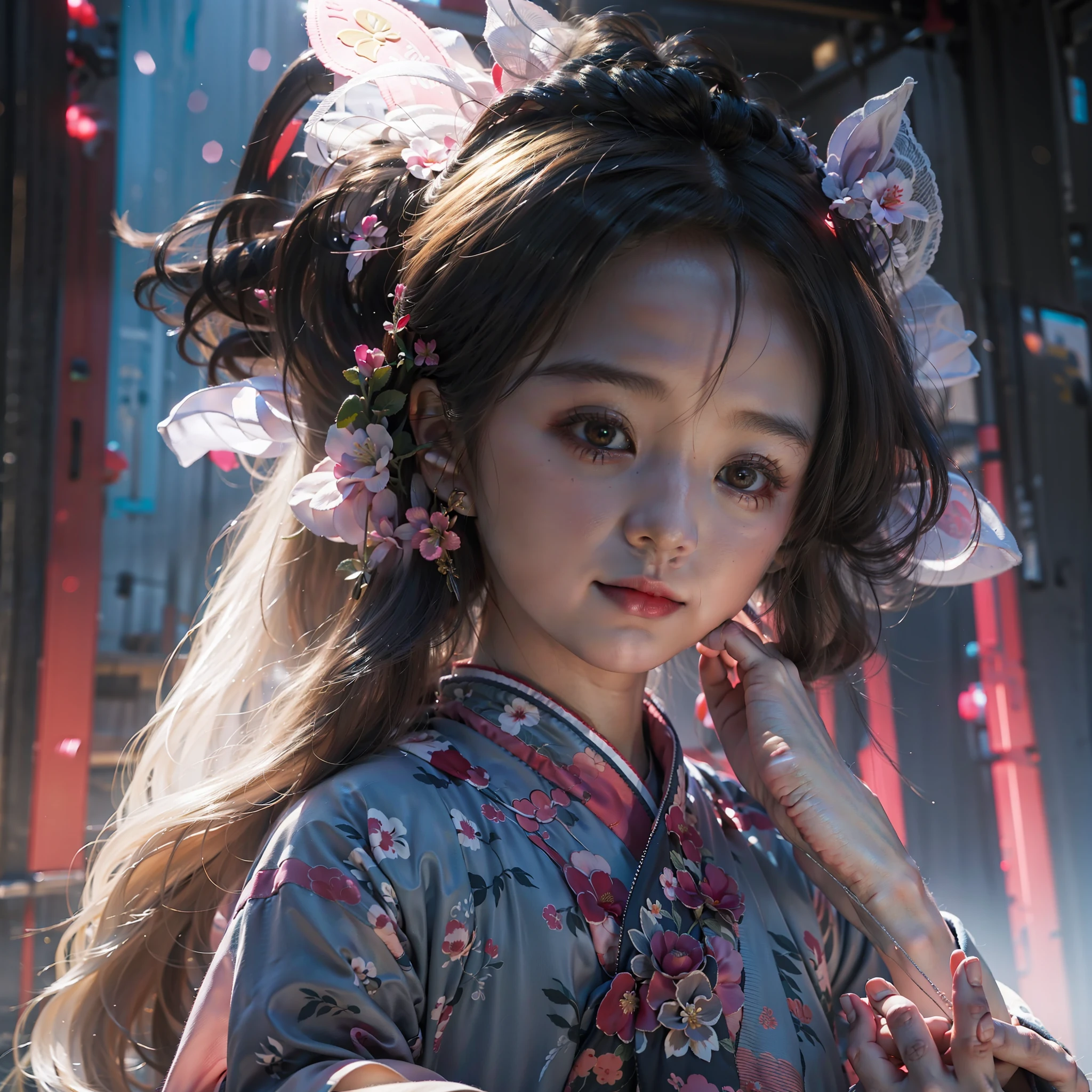 A little girl in Hanfu in the future，Cool lighting atmosphere