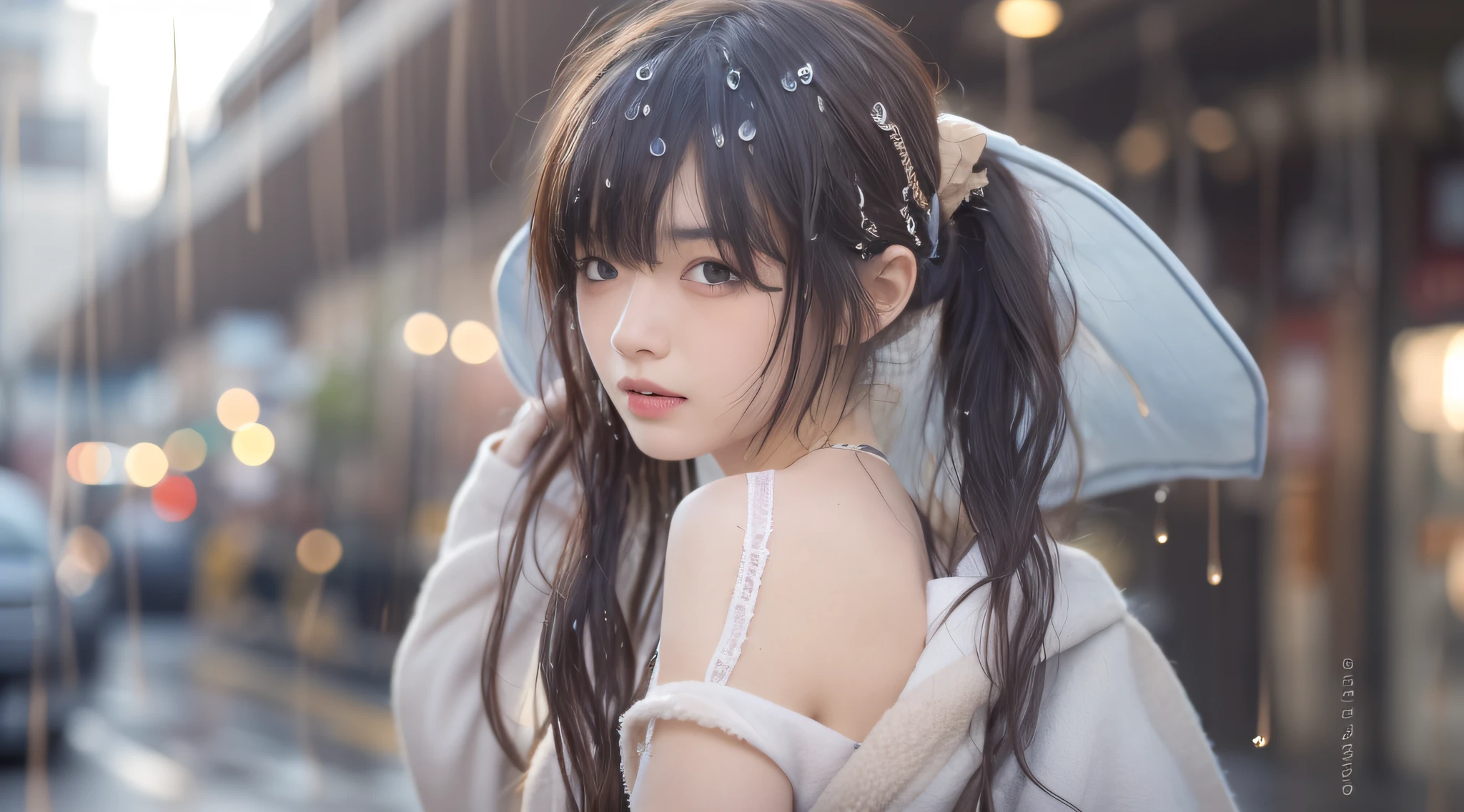 ((Best Quality, 8K, Masterpiece:1.3)), Focus: 1.2, Perfect Body Beauty: 1.4, Buttocks: 1.2, ((Layered Haircut, Breasts: 1.2)), (Wet Clothes: 1.1) , (Rain, Street:1.3), Bandeau Dress: 1.1, Highly Detailed Face and Skin Texture, Delicate Eyes, Double Eyelids, Whitened Skin, Long Hair