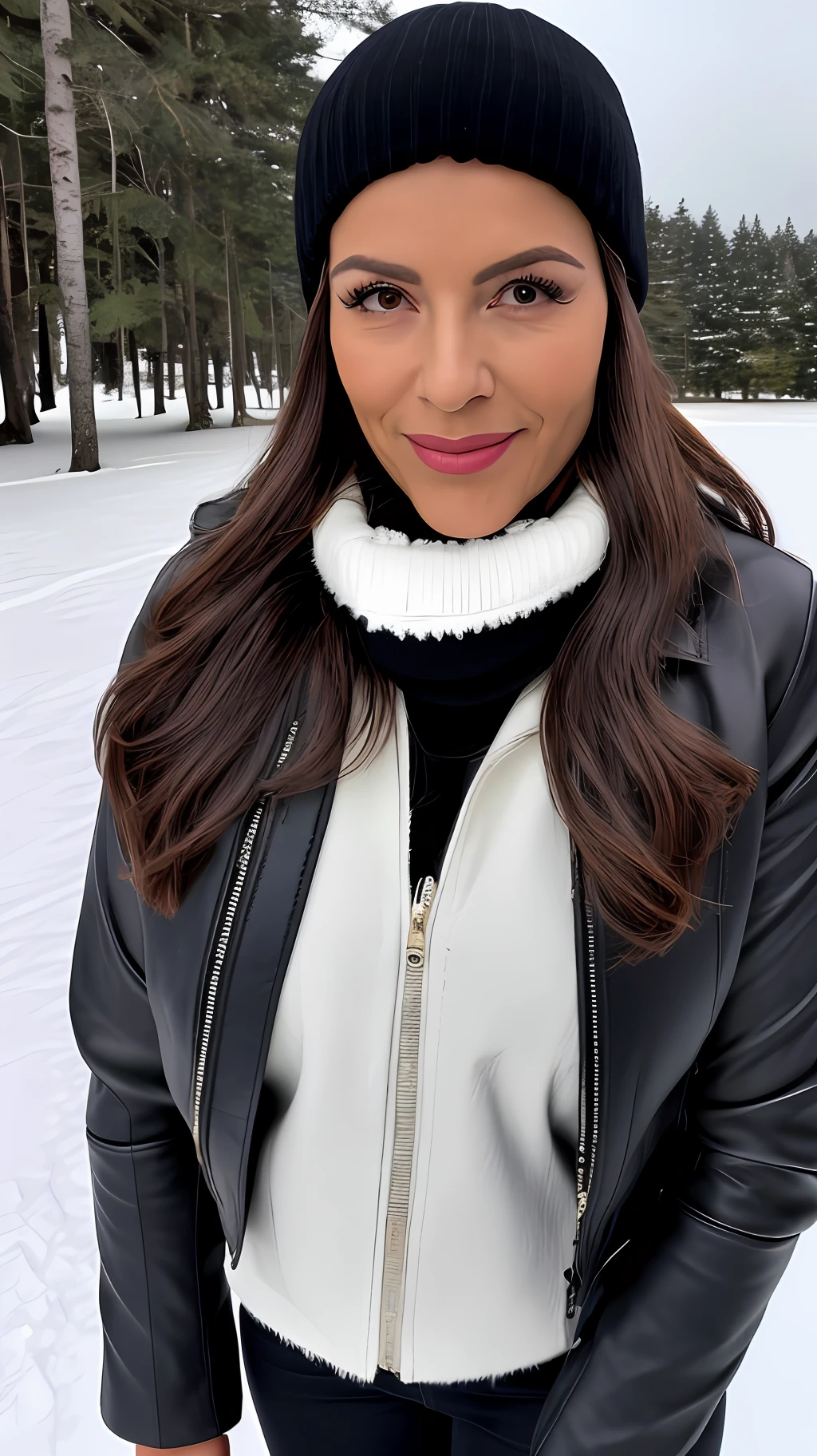 melhor qualidade, 4k, 8k, ultra highres, foto crua em hdr, foco nítido, textura intrincada, skin imperfections, Photograph of a woman in a dark black wool cap and winter scarf in the snow wearing a white leather winter jacket, cabelo moreno, detalhes intrincados, nevando