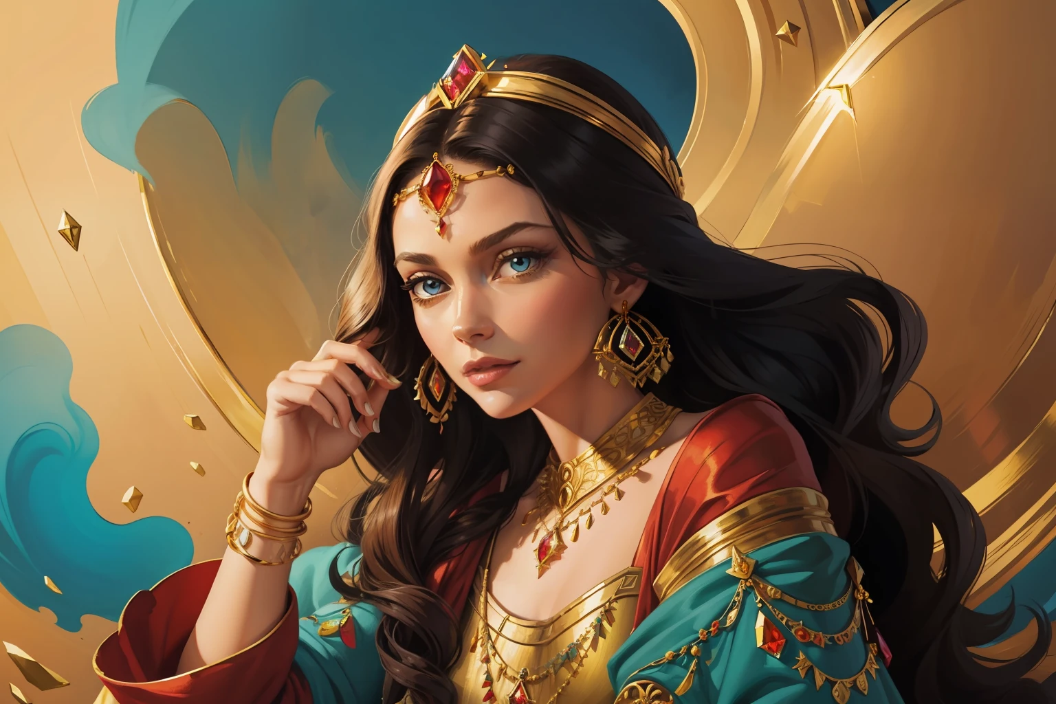 The painting is painted in gouache, stylistically reminiscent of a vector image, It depicts a lot of gold jewelry, treasures and precious stones