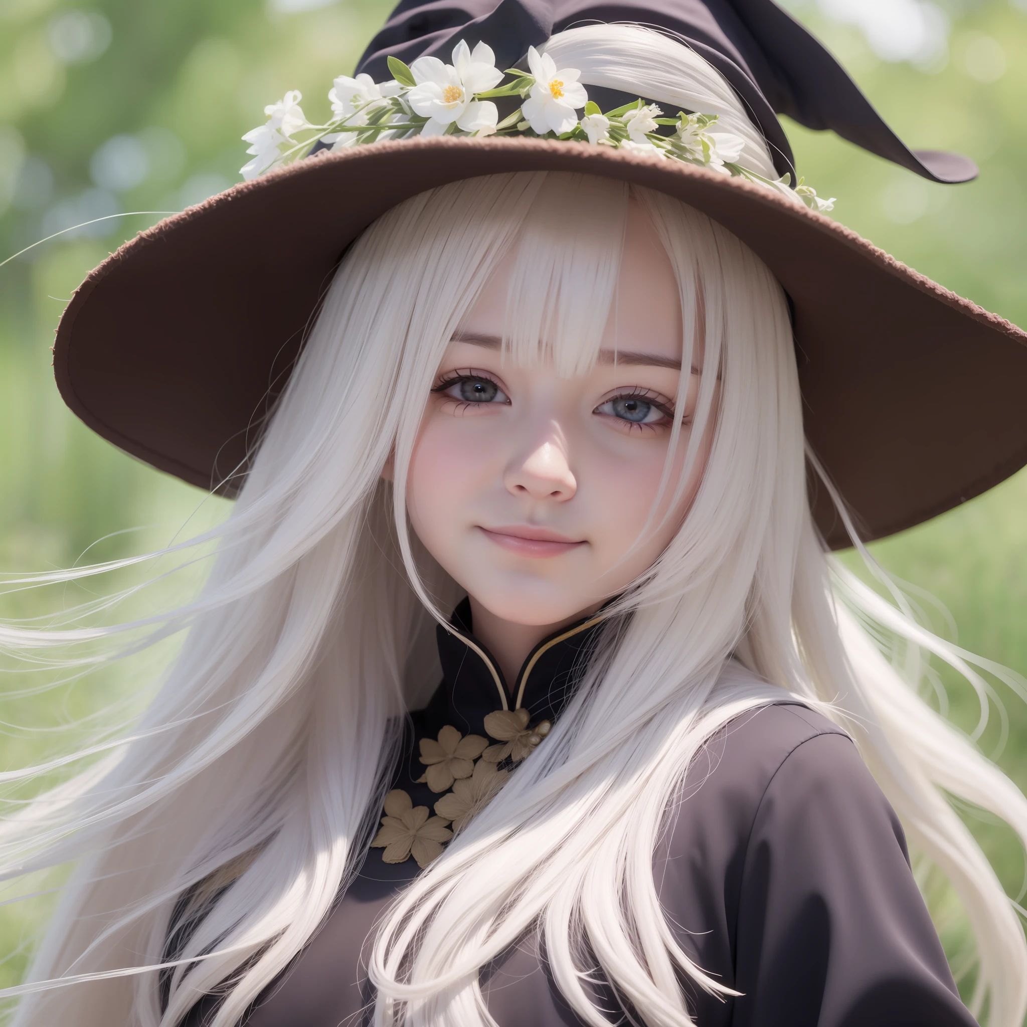 Cute white-haired witch,Pure,goodness,ssmile,Sunlight background,