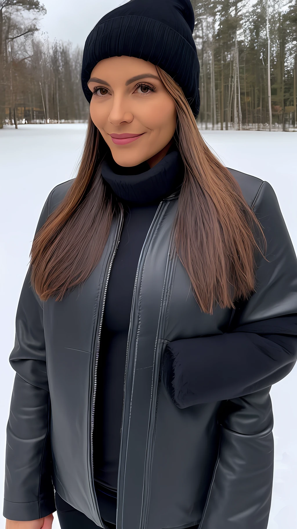 melhor qualidade, 4k, 8k, ultra highres, foto crua em hdr, foco nítido, textura intrincada, skin imperfections, Photograph of a woman in a dark black wool cap and winter scarf in the snow wearing a white leather winter jacket, cabelo moreno, detalhes intrincados, nevando