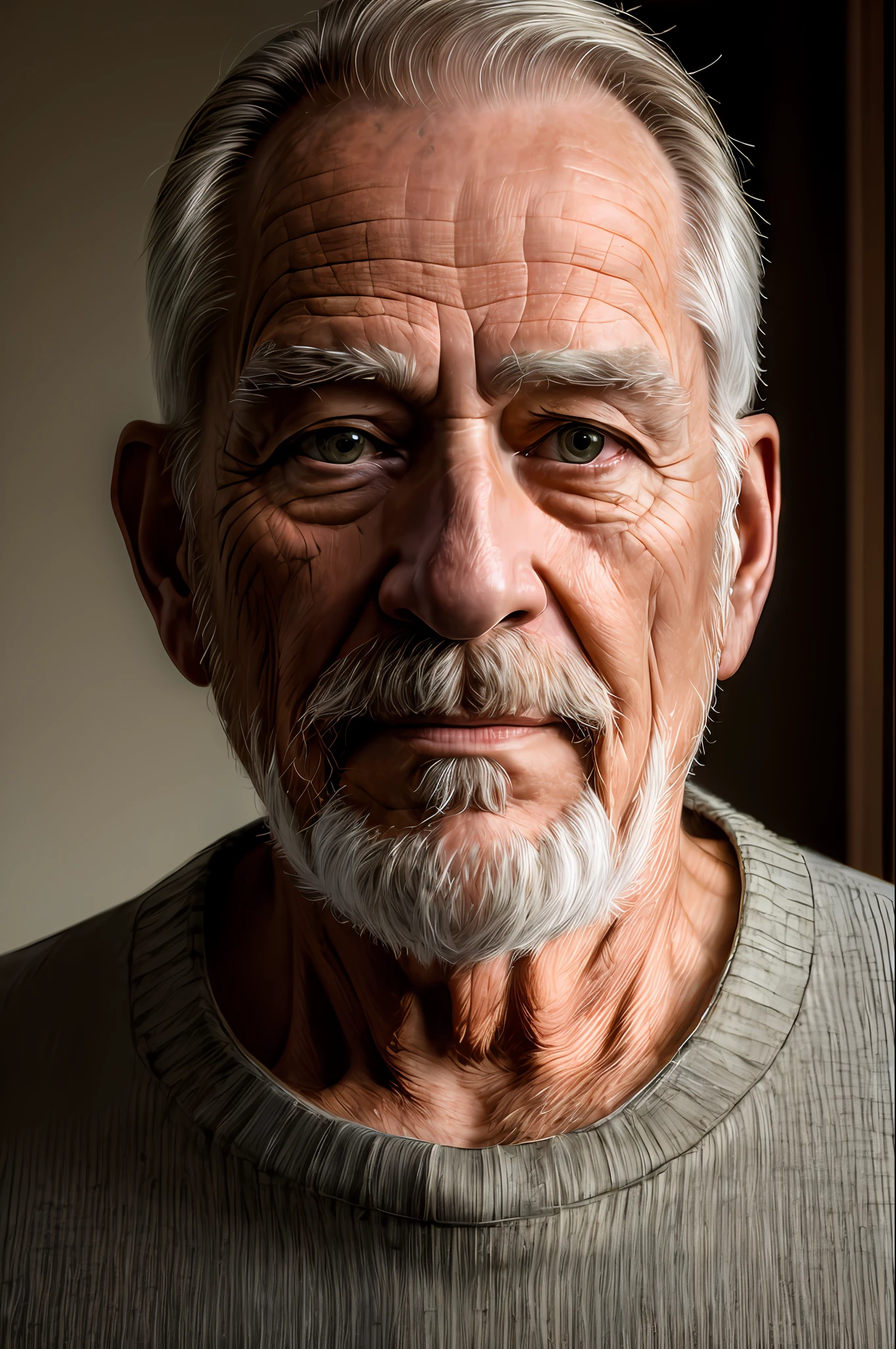 (masterpiece, photorealistic, raw,:1.4), (extremely intricate:1.2), close up, cinematic light, sidelighting, ultra high res, best shadow, RAW, upper body, old man, wearing pullover,