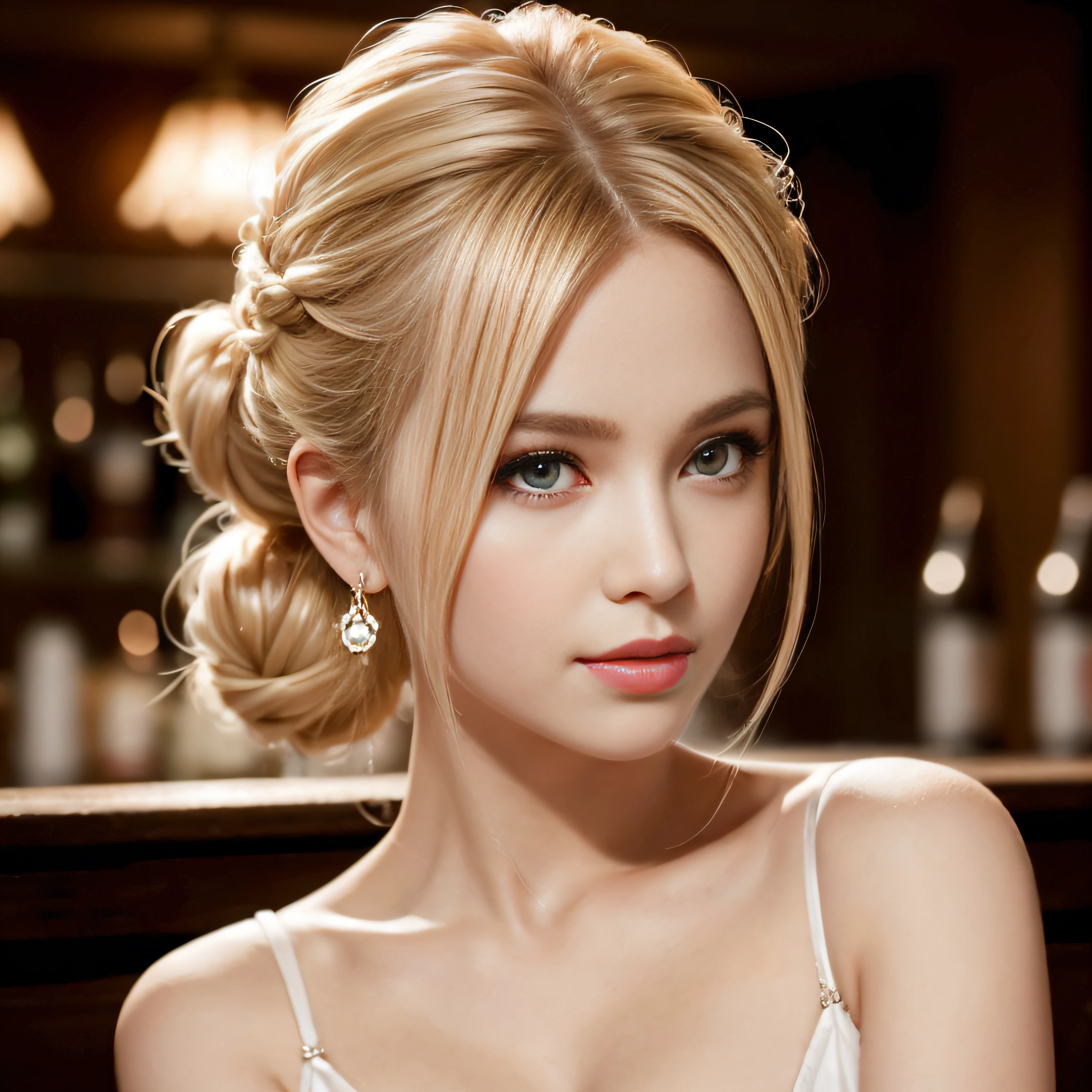 portrait photo of beautiful woman blonde hair updo upsweep nightclub sitting at bar (masterpiece) (best quality) (detailed) (8k) (HDR) (wallpaper) (cinematic lighting) (sharp focus) (intricate)