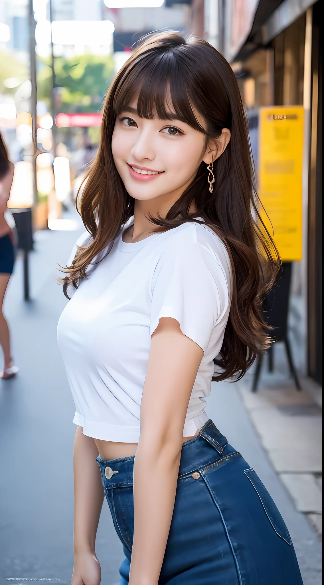 (8k, RAW photos, top quality, masterpiece: 1.2), ultra detailed, super resolution, (real, real photos: 1.37), portraits, high definition RAW color photos, professional photos, very detailed and beautiful, highly detailed, 8k wallpapers, amazing details, huge file size, official art, highly detailed CG Unity 8k wallpapers, highly detailed beautiful girls, highly detailed facesHighly detailed eyes, highly detailed skin, highly detailed fingers, Highly detailed nose, Highly detailed detailed mouth, Perfect anatomy, Highly detailed background, Highly detailed clothing, One Girl, (18:1.2), teen, cute girl, famous Japan idol, cute, realistic body, petite, white skin, radiant skin, slim body, handsome body, brown hair, short constricted curly hair, (blunt bangs:1.2), Smile, Cute, Youthful, Pretty Face, Realistic Face, Delicate Eyes, Saggy Eyes, White T-Shirt, Skirt, Earrings, Camera Gaze, Cowboy Shot, Front Face, Standing Figure, Contrappost, High Street, Public, Dynamic Lighting,
