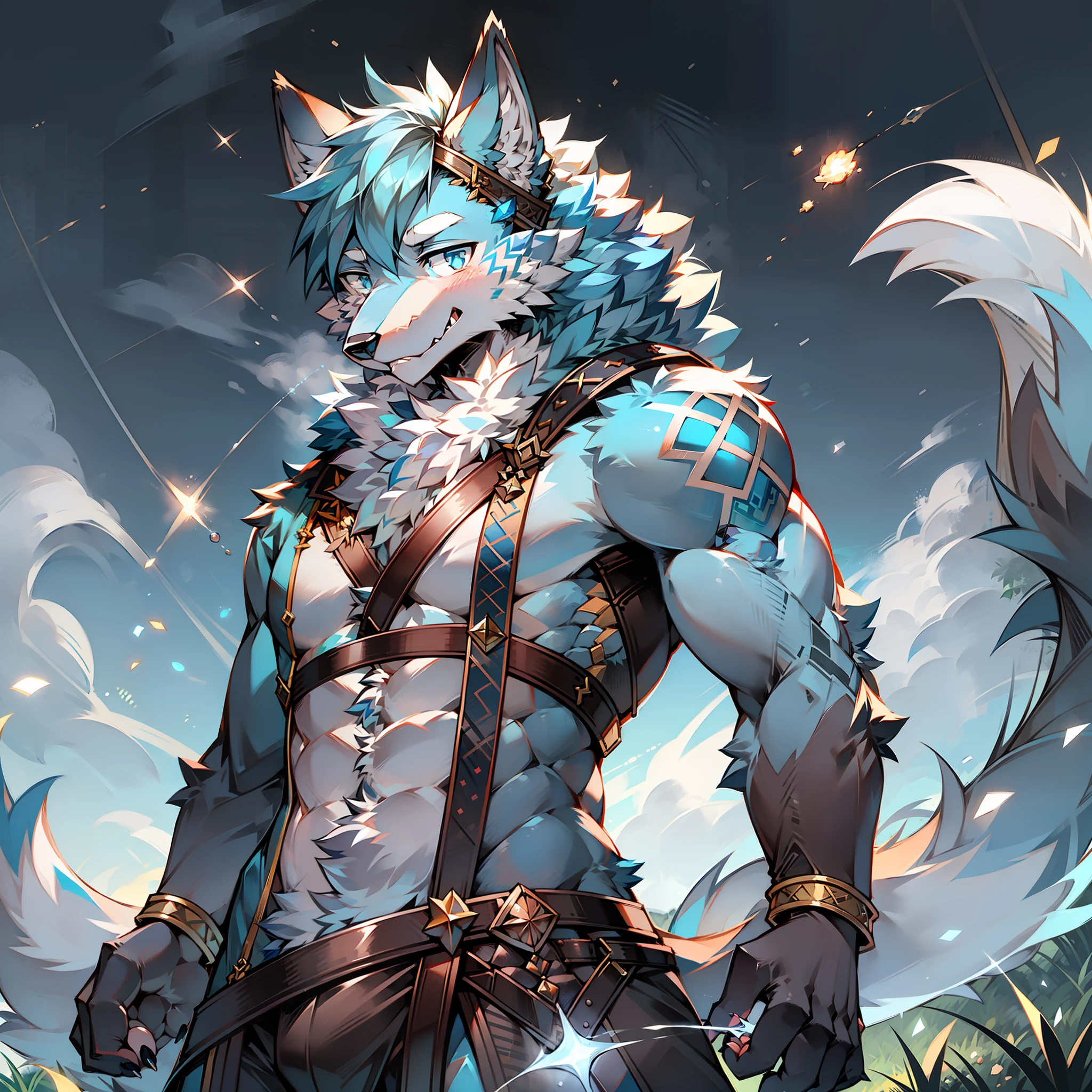 solo person,Wolf head,Wolf tail,male people,musculature,sexy
Light blue ears,blue hairs,White belly,Sky blue pupils,There is fur on the arms,There is fur on the legs,The whole body is covered with fur,standing in grassy field,is wearing casock,Melee Mage,sideface,casting spells,Hold the magic book in your right hand,The left hand wears a gold glowing bracelet,Control element