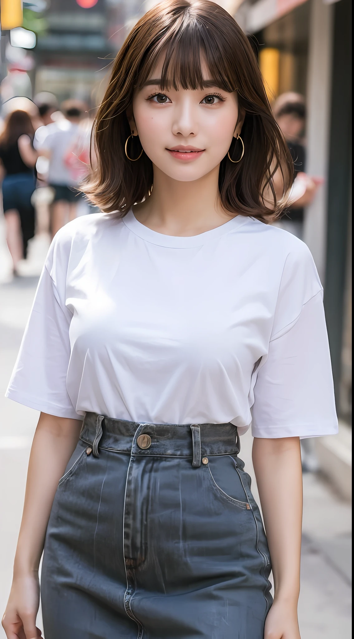 (8k, RAW photos, top quality, masterpiece: 1.2), ultra detailed, super resolution, (real, real photos: 1.37), portraits, high definition RAW color photos, professional photos, very detailed and beautiful, highly detailed, 8k wallpapers, amazing details, huge file size, official art, highly detailed CG Unity 8k wallpapers, highly detailed beautiful girls, highly detailed facesHighly detailed eyes, highly detailed skin, highly detailed fingers, Highly detailed nose, Highly detailed detailed mouth, Perfect anatomy, Highly detailed background, Highly detailed clothing, One Girl, (18:1.2), teen, cute girl, famous Japan idol, cute, realistic body, petite, white skin, radiant skin, slim body, handsome body, brown hair, short constricted curly hair, (blunt bangs:1.2), Smile, Cute, Youthful, Pretty Face, Realistic Face, Delicate Eyes, Saggy Eyes, White T-Shirt, Skirt, Earrings, Camera Gaze, Cowboy Shot, Front Face, Standing Figure, Contrappost, High Street, Public, Dynamic Lighting,