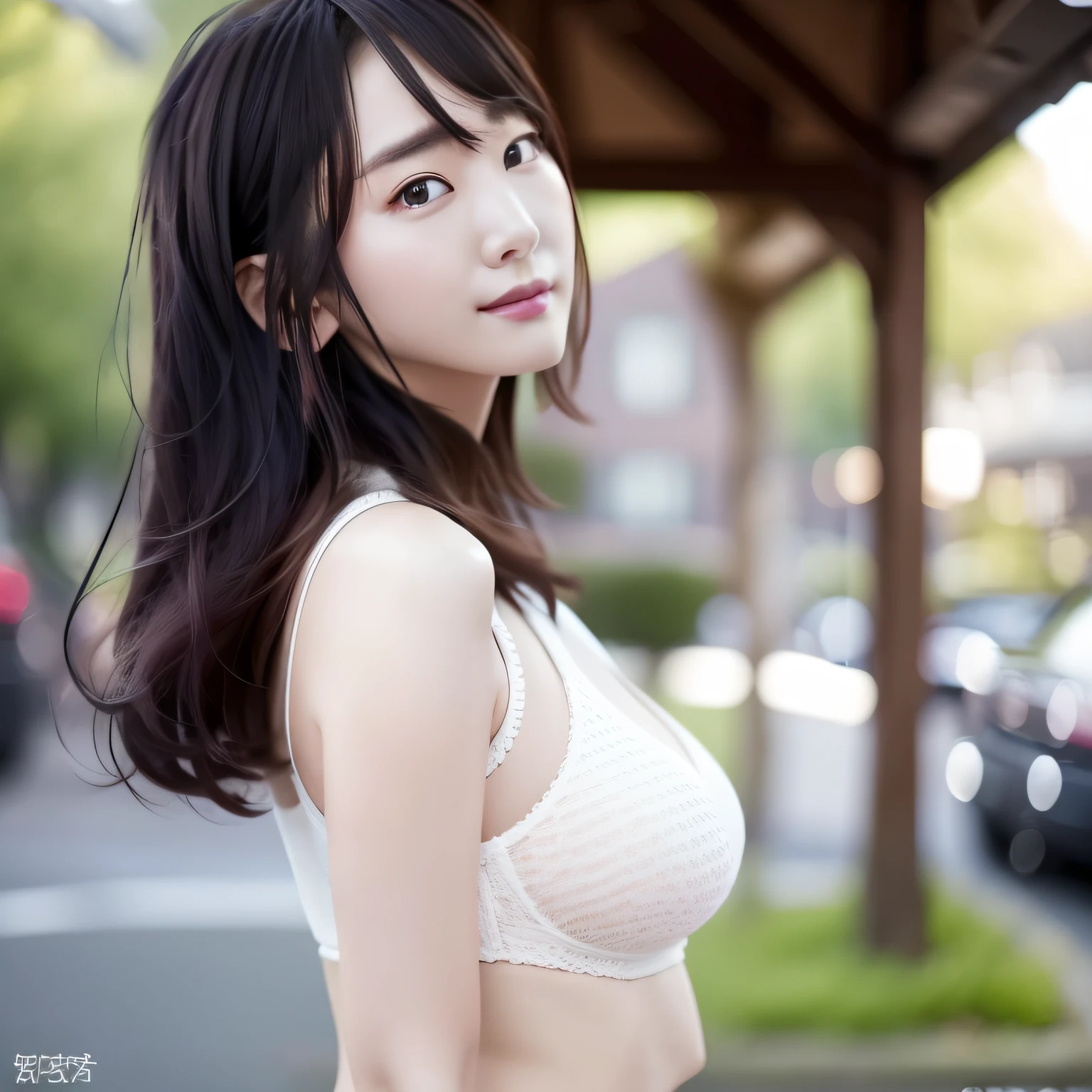 (8k、RAW Photography、top-quality、masterpiece:1.2)、(realisitic、Photorealsitic:1.37)、top-quality、超A high resolution、light leaks、Dynamic lighting、Slim and smooth skin、(pureerosface_v1:1)、bond、a navel、(beatiful detailed eyes:1)、(Beautiful detail face:1)、(Freebuff:1.2)、outside of house、ulzzang-6500、1girl in、is standing、The upper part of the body,,,from the front side、front-facing view、Look at viewers、huge tit、 arms behind back、a street、sunlights