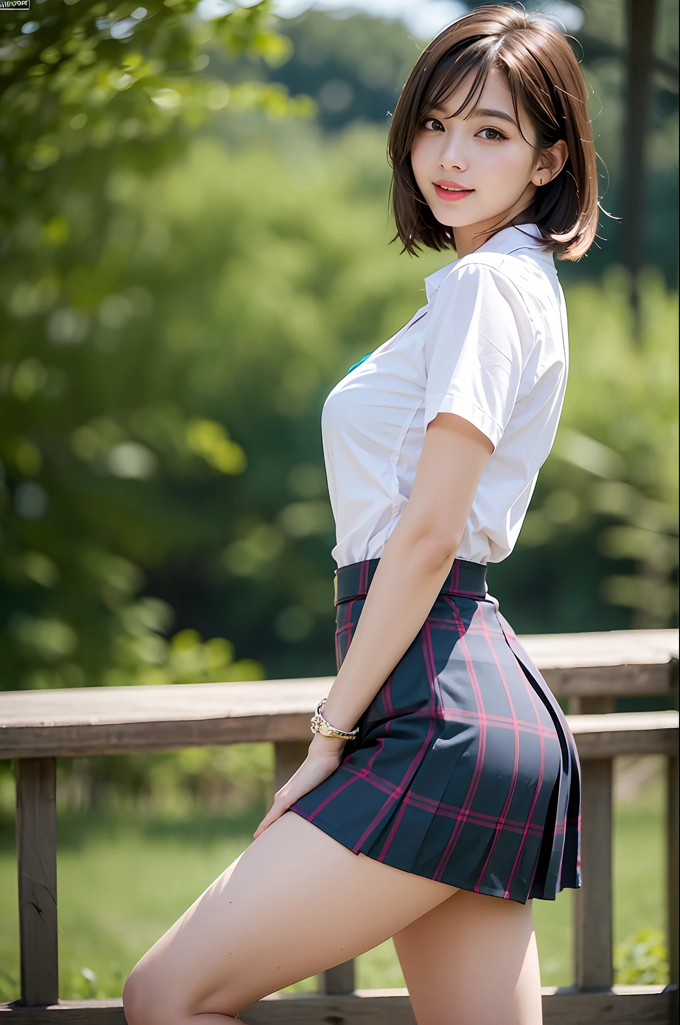 nsfw, 8K raw photo, Best quality, masterpiece, ultra high res, film grain, filmg, 1girl, looking at viewer, natural skin texture, realistic eye and face details, full lips, lipstick, (makeup), red eyeshadow, fluffy short hair, messy hair, smile, close mouth, beautiful legs, tall female, skinny, slim_legs, solo, enormous breast, cleavage, Pose with buttocks facing you, ultra short skirt, ass, shirt, beautiful nature location, around flower location, (detailed background), plaid skirt, white shirt, enormous breast, cleavage, Show a little cleavage through the shirt, loafers, blurry background, blurry, holding, plaid, short sleeves, jk ribbon on the neck, jk ribbon, brown hair, bracelet, water, bangs, school uniform, jewelry, parted lips, lips, from side, pleated skirt, depth of field