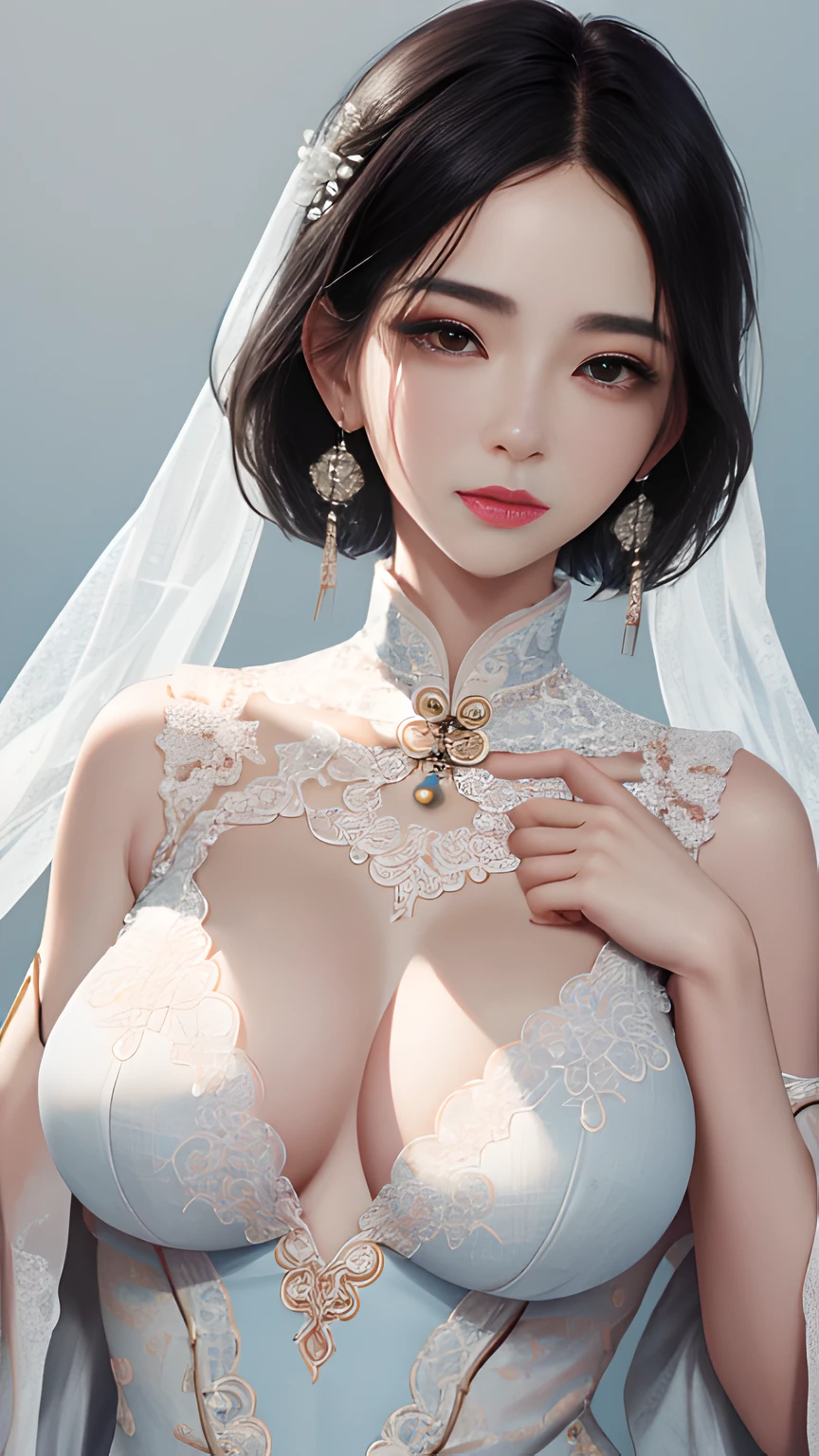 (NSFW:1.2),Black hair,Masterpiece, Anatomically correct, Textured skin, Best quality, A high resolution, High details, 4K, 8K,Large breasts,Round chest,Pale body,Hanfu material, Earrings, jewelry, Chest chain, Lace, (Breast vessels:1.2), (Blue_White cheongsam:1.1),Close-up,(Delicate features1.3),China