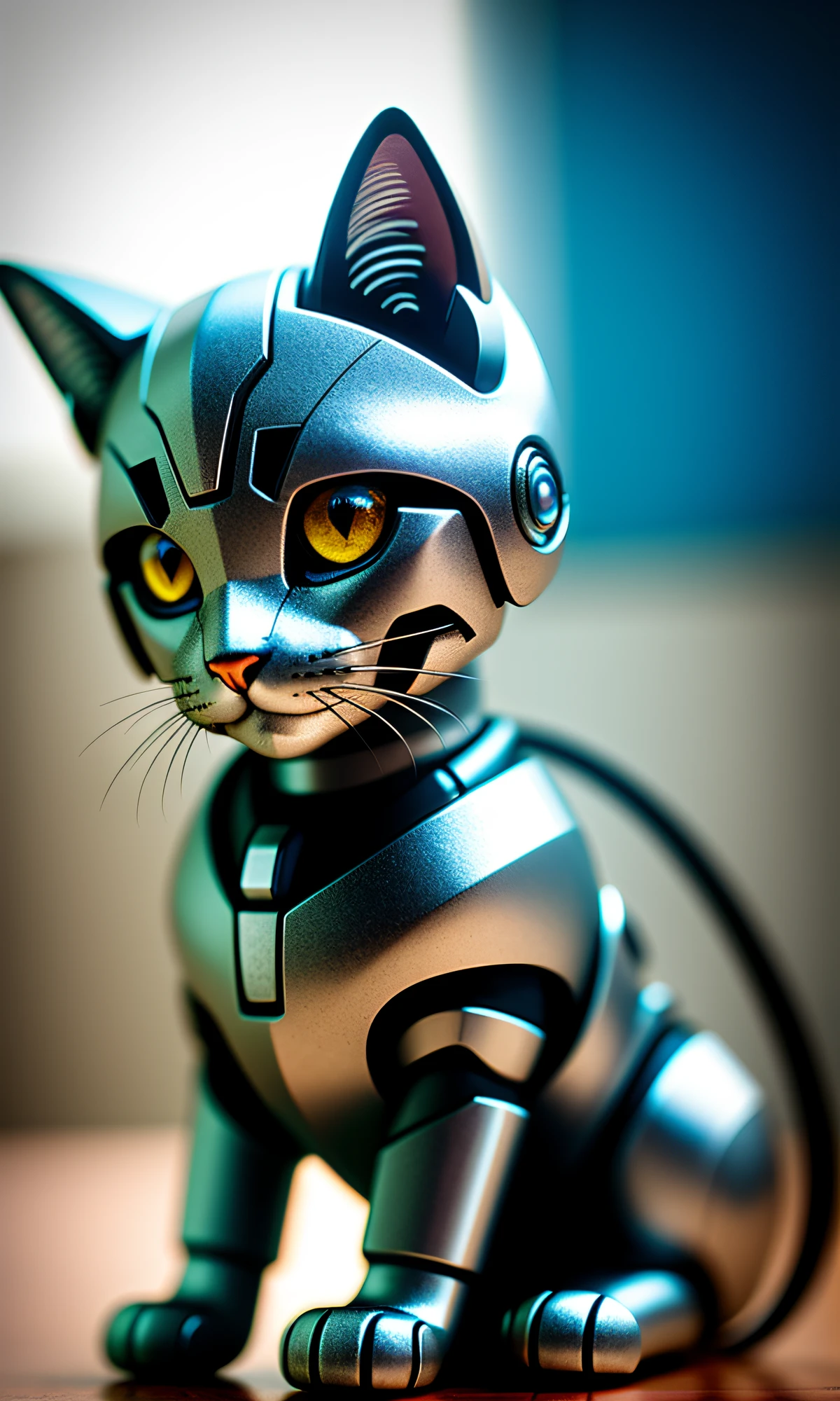 cute kitten made of metal, (cyborg: 1.1), ([tail | detailed wire]: 1.3), (complex detail), HDR, (complex detail, super detail: 1.2), cinematic shot, vignette, center