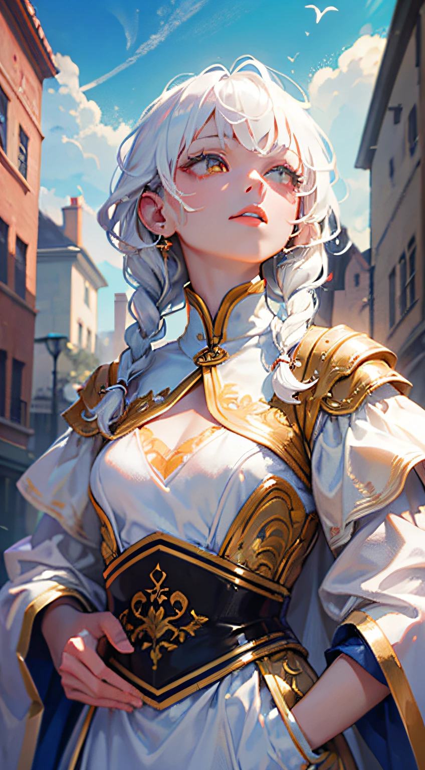 best quality, masterpiece,white hair, gold eyes,white clothes, looking up, upper body,hair strand,Fair skin,side braids