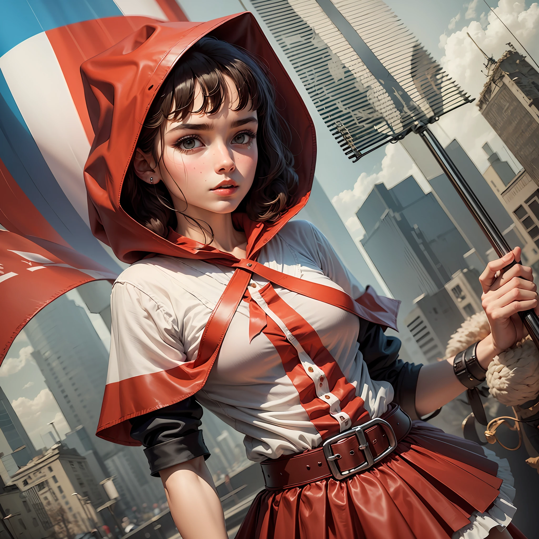 A man holds a flag with a large red triangle,Girl wearing Little Red Riding Hood --auto