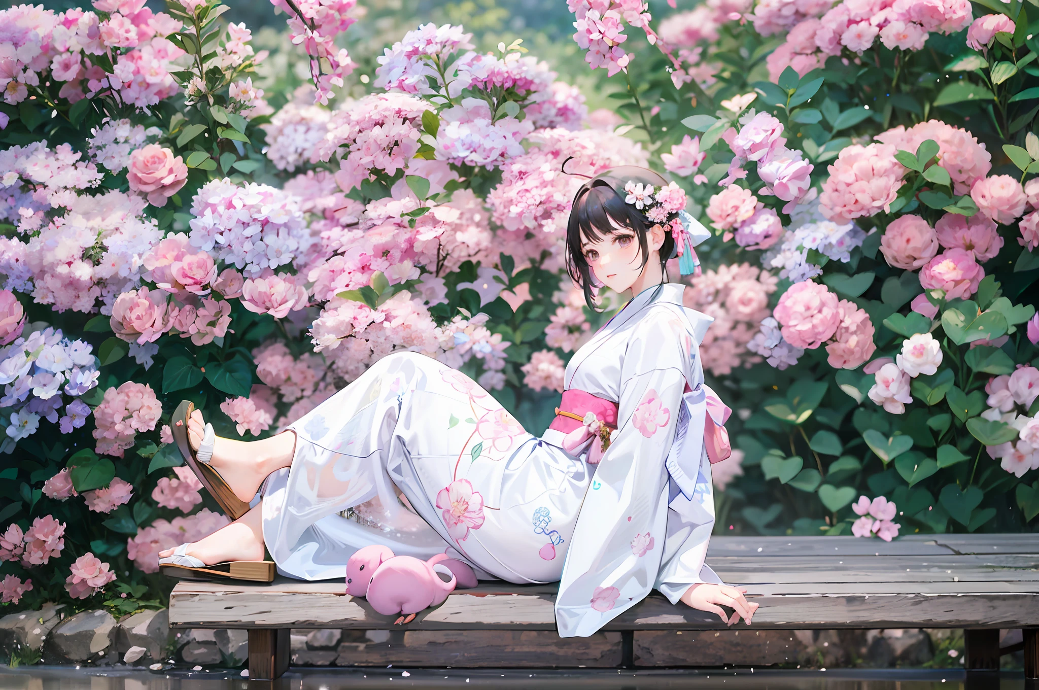 There is a woman sitting on a bench in front of a flower bush, white hanfu, palatial palace ， a girl in hanfu, in a kimono, Hanfu, classy yukata clothing, bath robe, pale and coloured kimono, sakura season, A Japanese style, Wearing kimono, elegant japanese woman, wearing pink floral chiton, japanese kimono