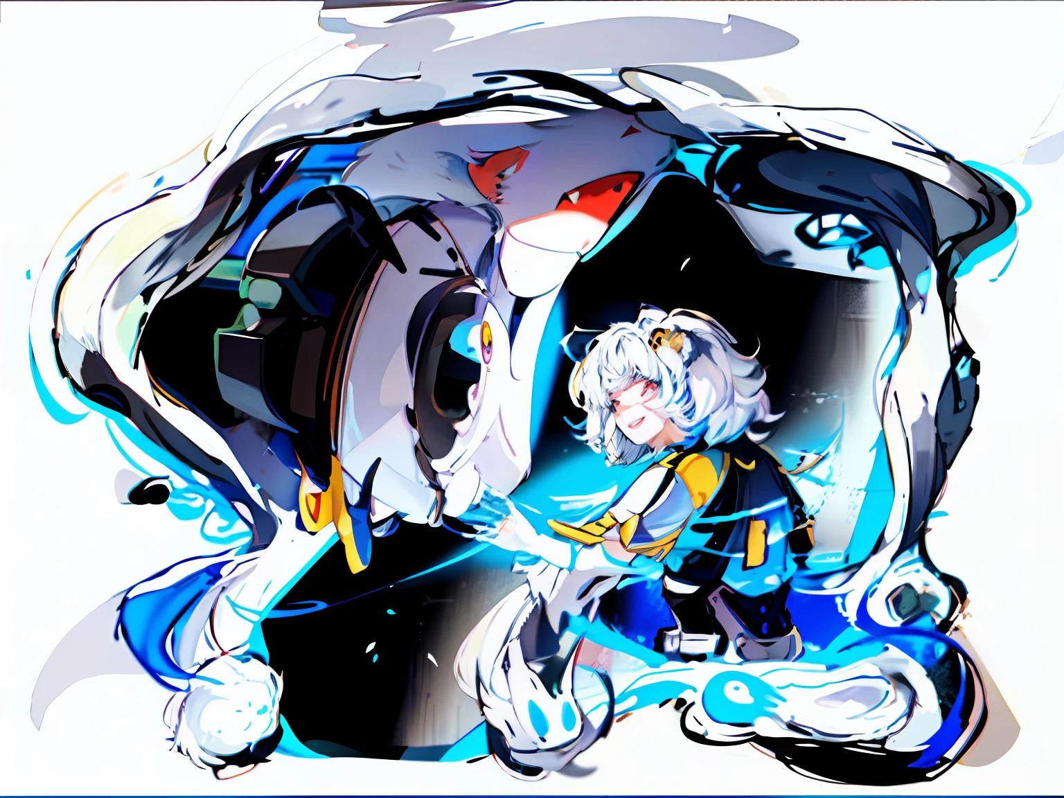 white hair, pac-man eyes, lion ears, smile, Fujicolor, high detail, Genre painting, fading border, negative space, from side