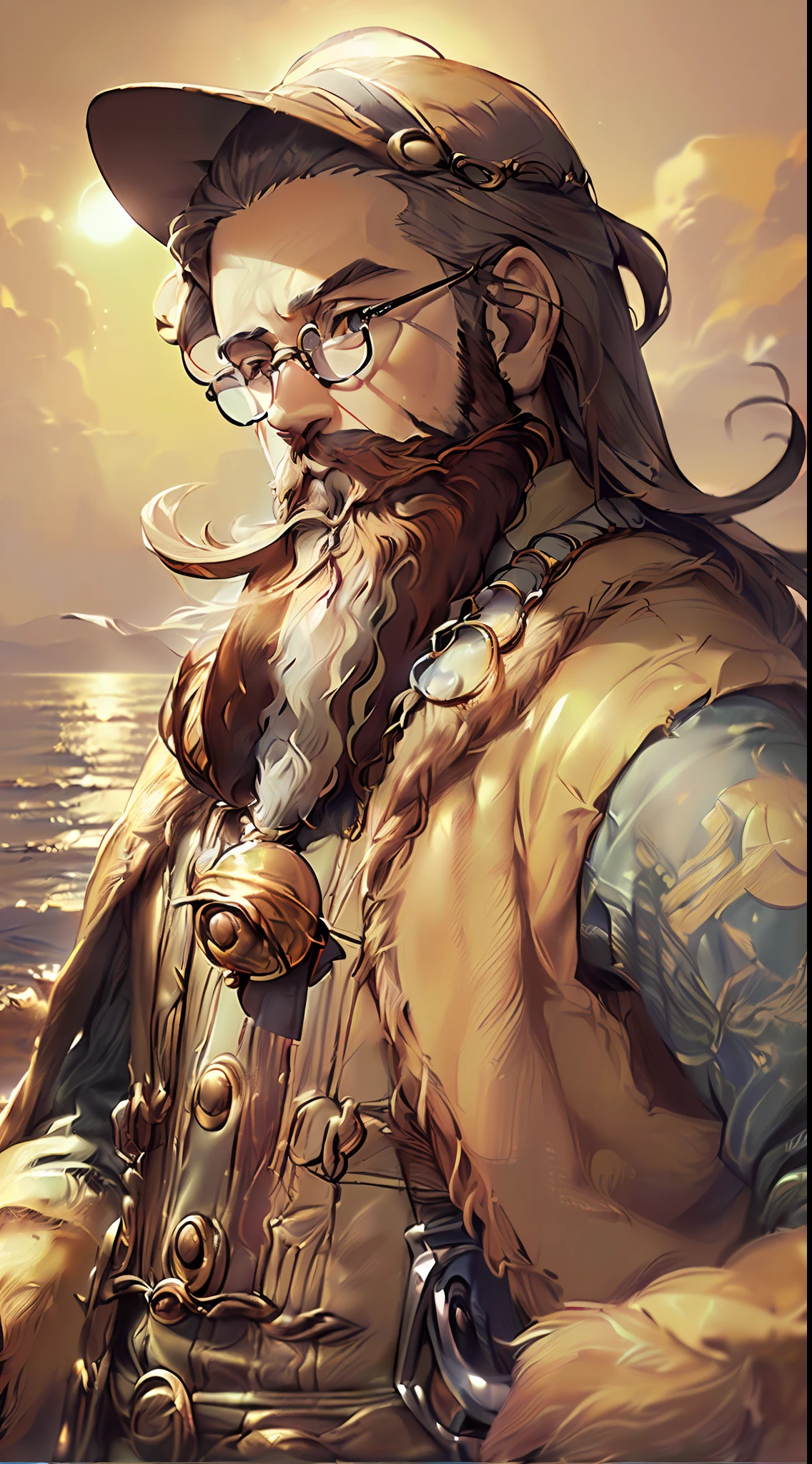 「(8k wallpaper:1.5)、(high-level image quality:1.3)、(animesque, illustratio:1.6)、(male people、独奏、Middle Age、Lunette de soleil、Beard:1.8)、(Lunette de soleil:1.5)、（low angles:1.2)、(Long jacket、Rider Suit:1.5)、(sea side、tobacco:1.3)、(sepia, gradients:1.5)」