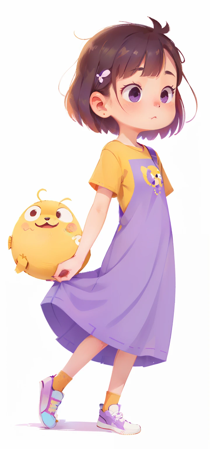 Side view, side character view, character rotate side, short hair character, full body illustration, purple long dress, yellow t shirt