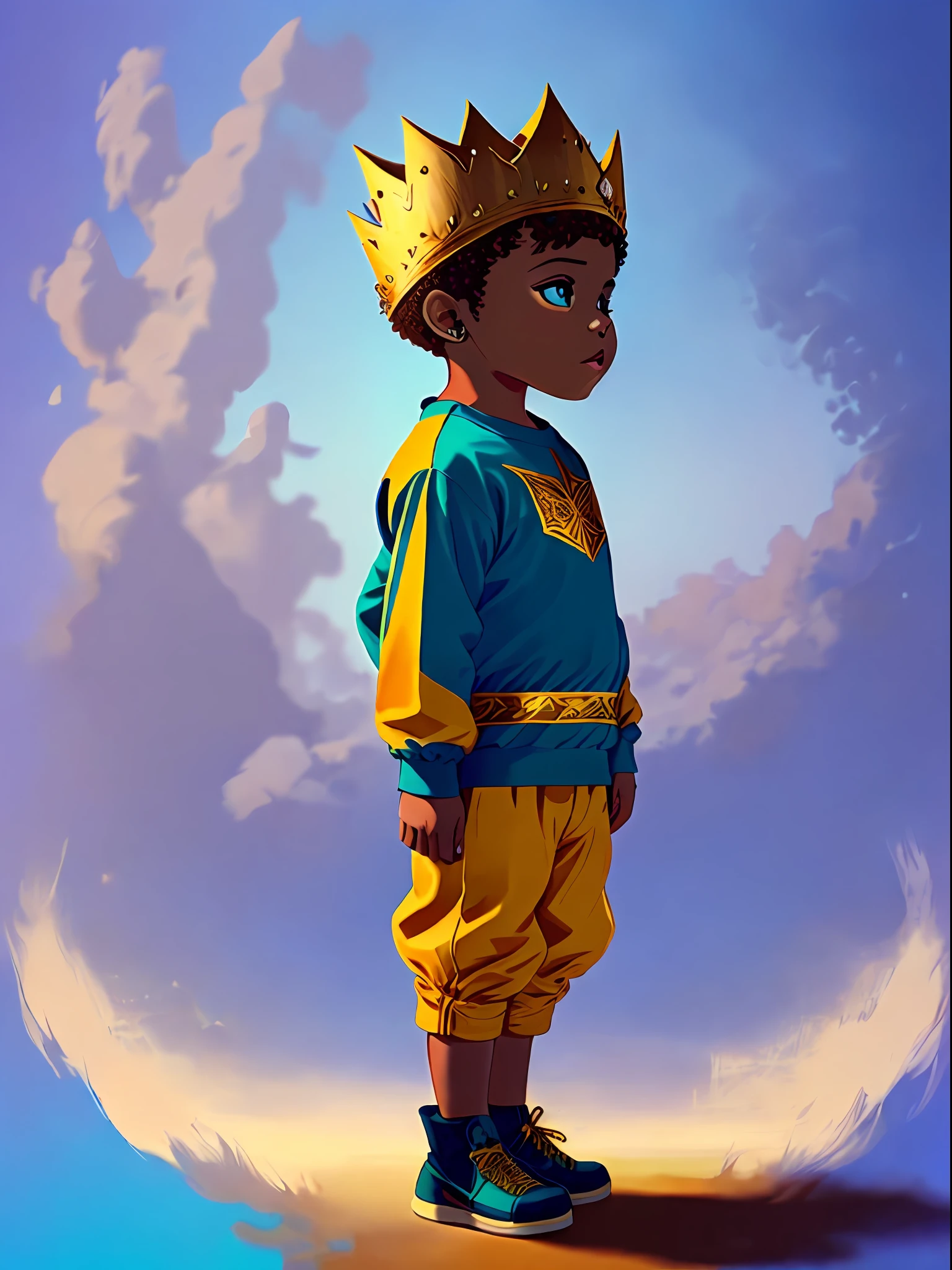 Picture of a boy standing, with a golden crown on his head, vestindo roupas estilo hip-hop de cores brancas, solid blue color background,